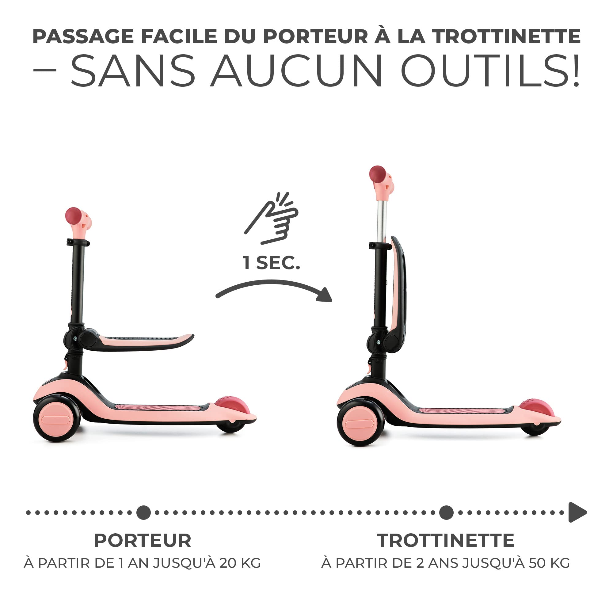 Kinderkraft Halley, Trottinette, Draisienne, Patinette, Scooter, Multifonctionnel, Moderne, Trois Roues, Réglable, LED Roues, Frein, 2 Ans jusqu'à 50 kg, Rose