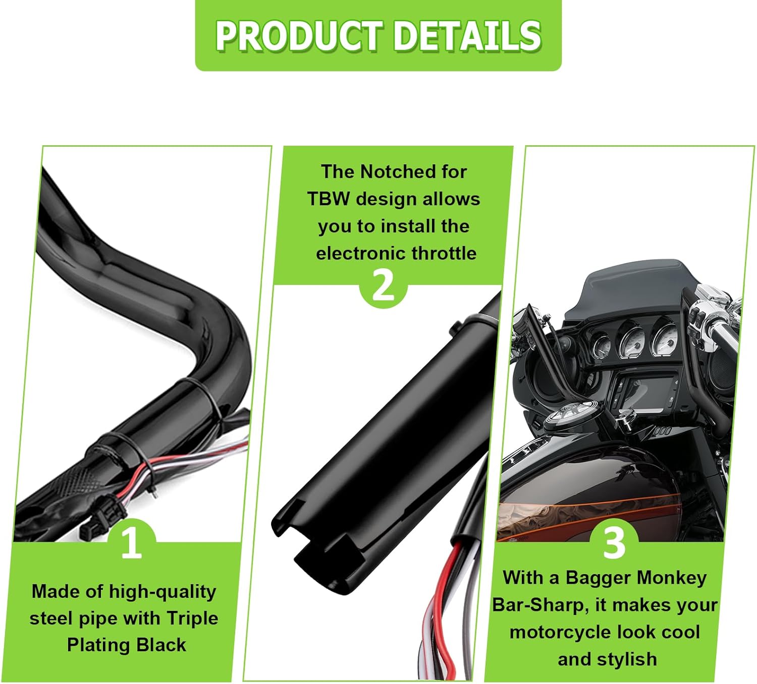 Mofun Pre-Wired 12 Inch Ape Hangers 1 1/4" Handlebar Bagger Handlebar Compatible with Harley Touring Street Glide Electra Tri Glide Ultra Limited 2014-2023, Gloss Black