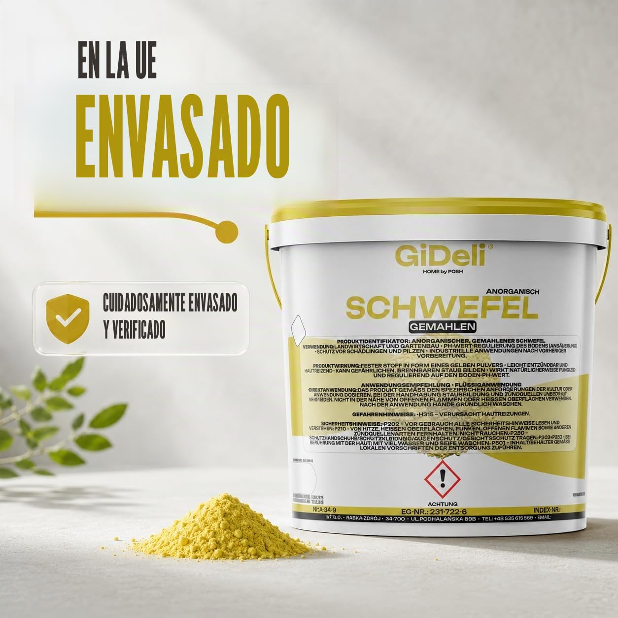 GiDeli Polvo de azufre 10 kg - Inorgánico 99,9 % fino - Para la industria cosmética - Mantenimiento del suelo - Azufre en un cubo