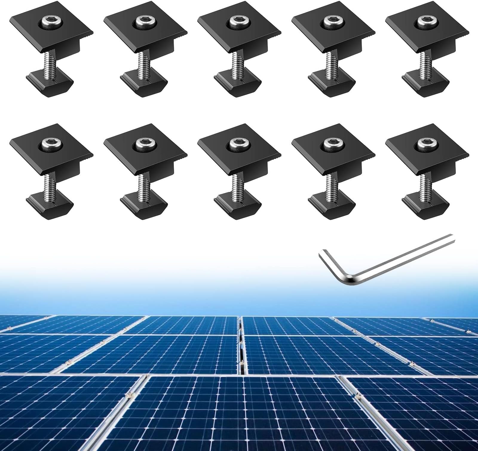 Anbte 10pcs Solar Panels Centre Clamps, Aluminium T-Shaped Mid Clamps 30mm/35mm Solar Panel Mounting Brackets Solar Mounting Rail Connector for Metal Roof, Tin Roof, Flat Roof, Sheet Roof, Black