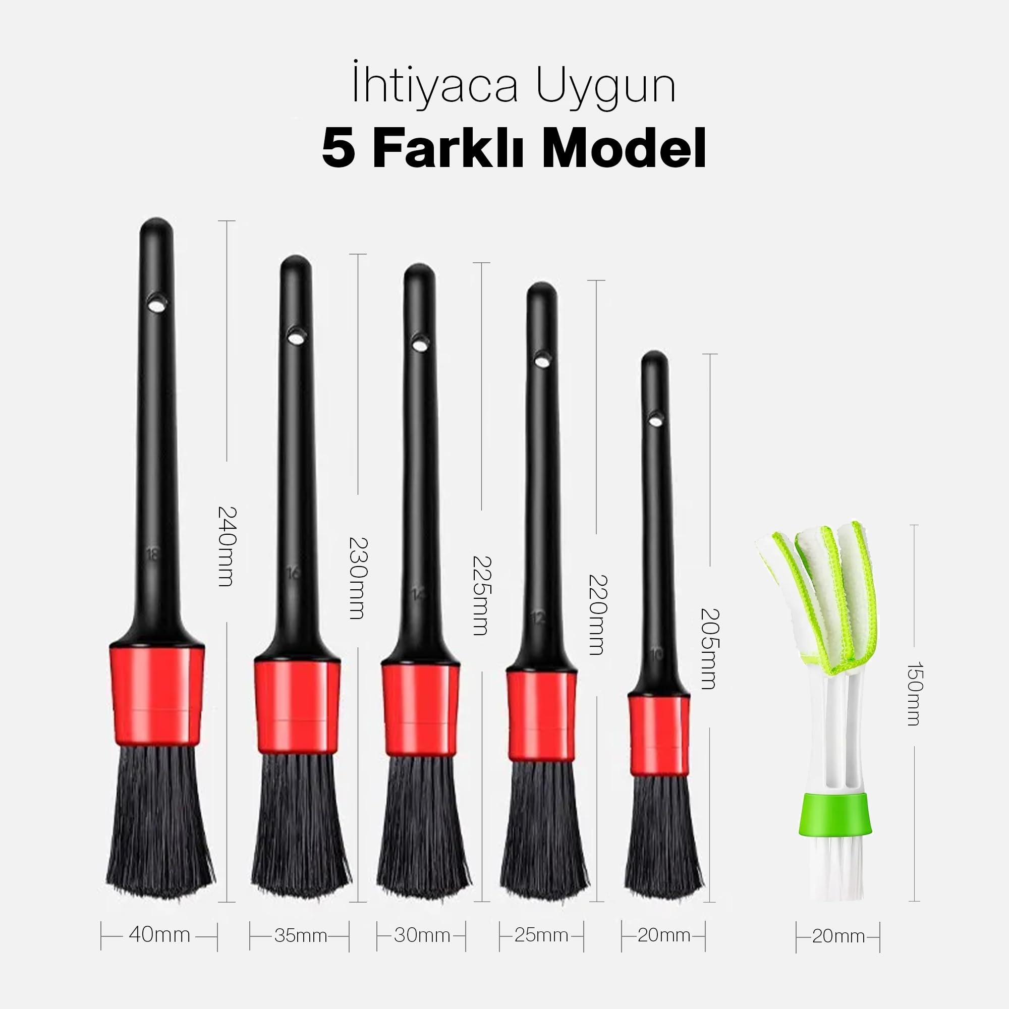 QCraft 5 Parça Araç İçi Temizlik Fırça Seti ve Yeşil Araç Havalandırma Temizleme Fırçası Hediyeli Detaylı Otomobil İç Temizlik Kiti