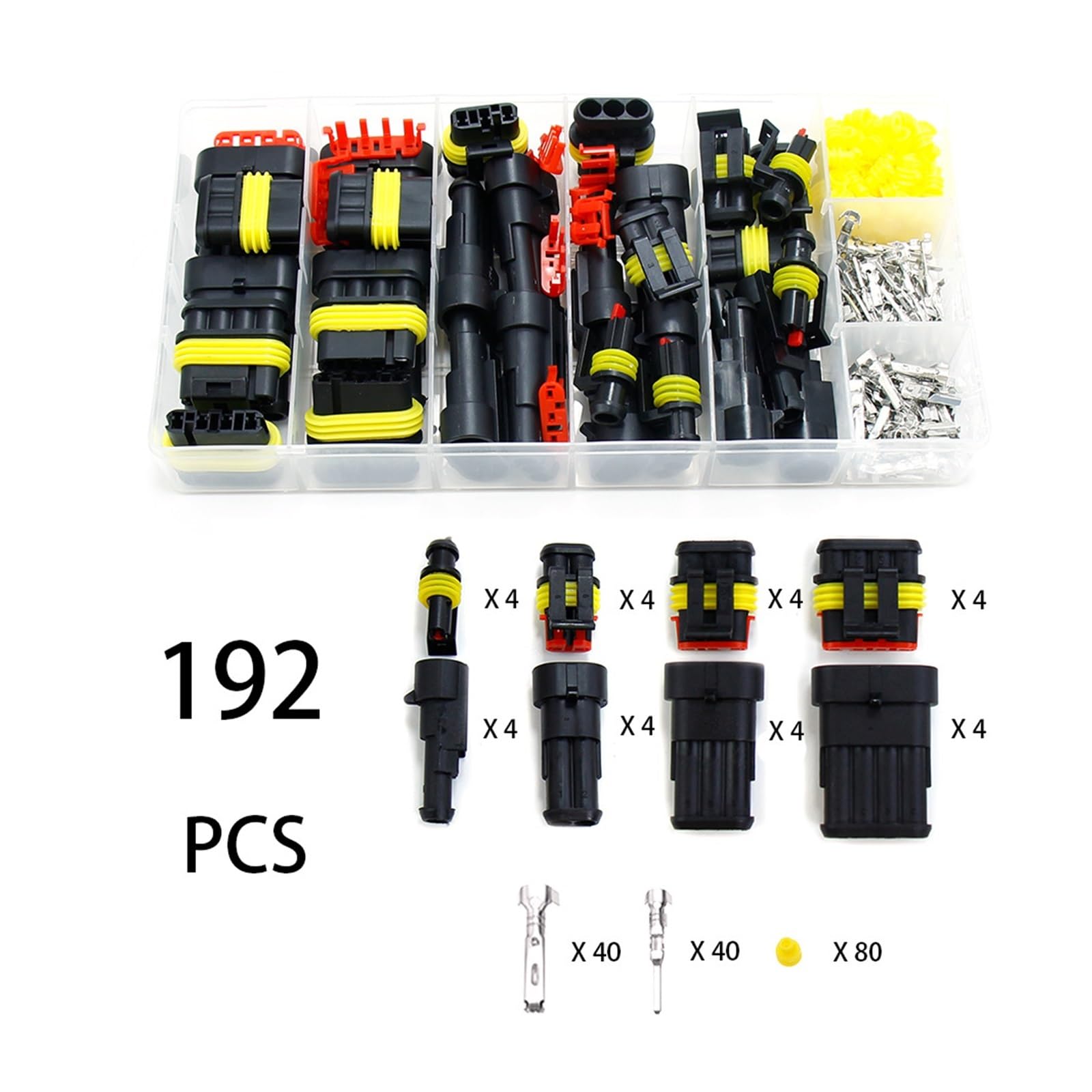 Kit de conectores a prueba agua, conector rápido cable automotriz, cableado eléctrico for coche, enchufe sellado automático 1, 2, 3, 4, 5 y 6 pines(192pcs)