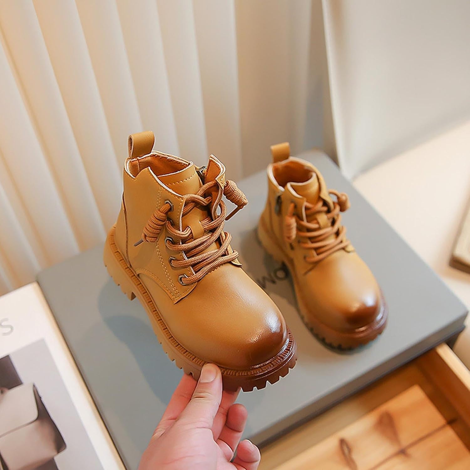Kids PU Leather Ankle Boots Lace Up Outdoor Hiking Short Boot Girls Waterproof Non Slip Booties with Side Zip