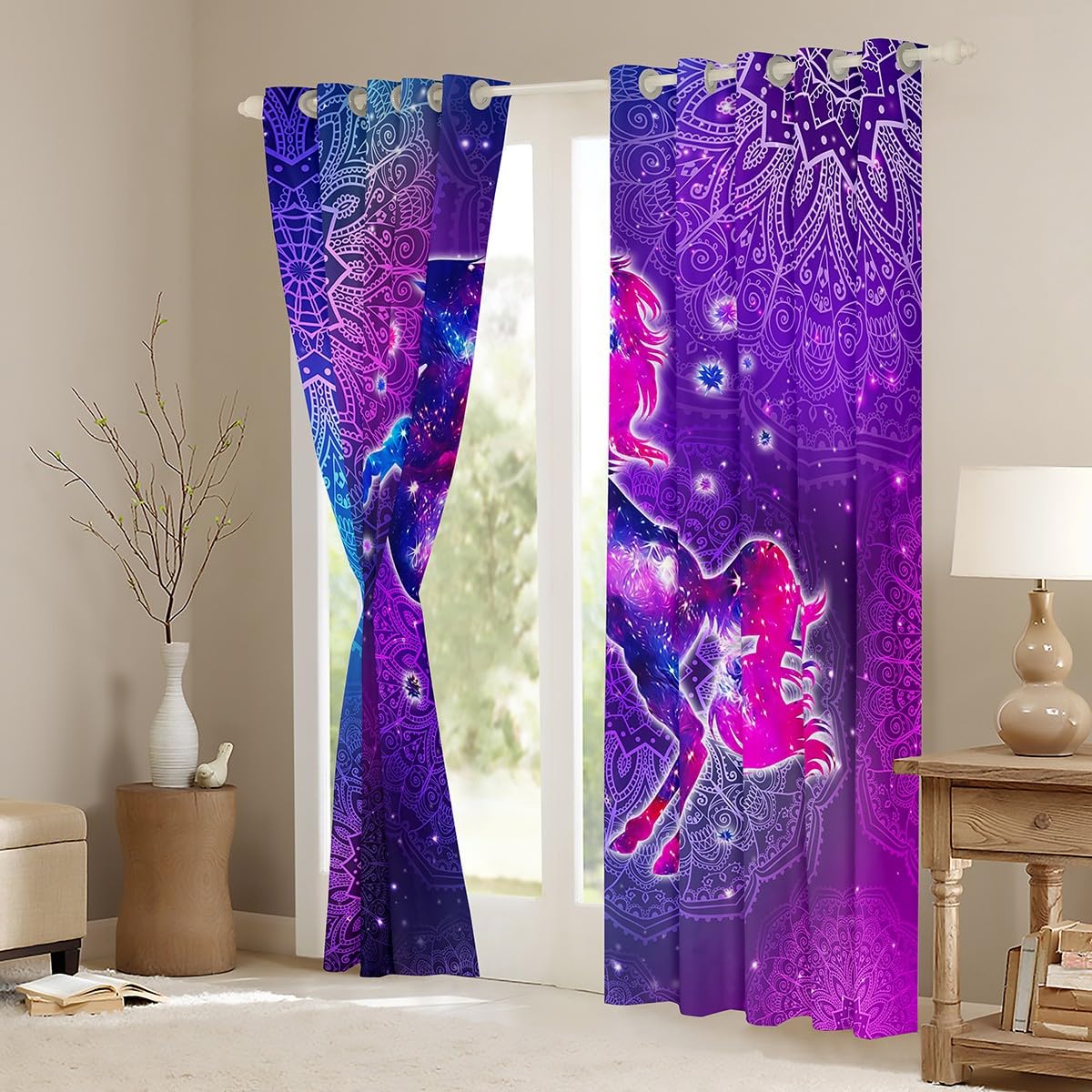 Lot de 2 rideaux de fenêtre à œillets motif licorne violette - Pour chambre d'enfant - 168 x 183 cm