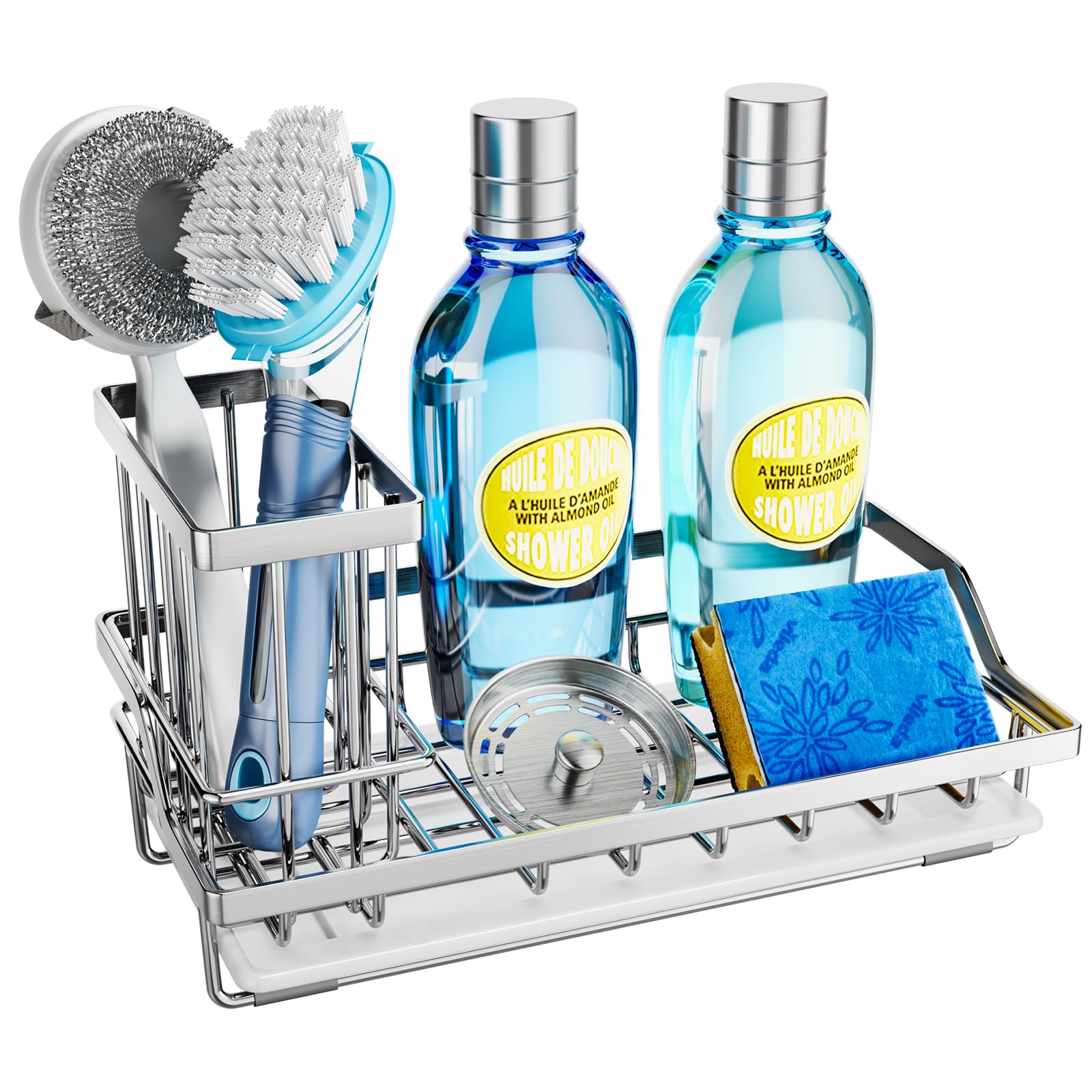 SWTYMIKI Multifunctional Kitchen Sink Caddy - Sponge Holder for Kitchen Sink with Removable Brush Holder + Drip Tray for Kitchen Sink Accessories Dish Soap Holder Dish Brush, Silver