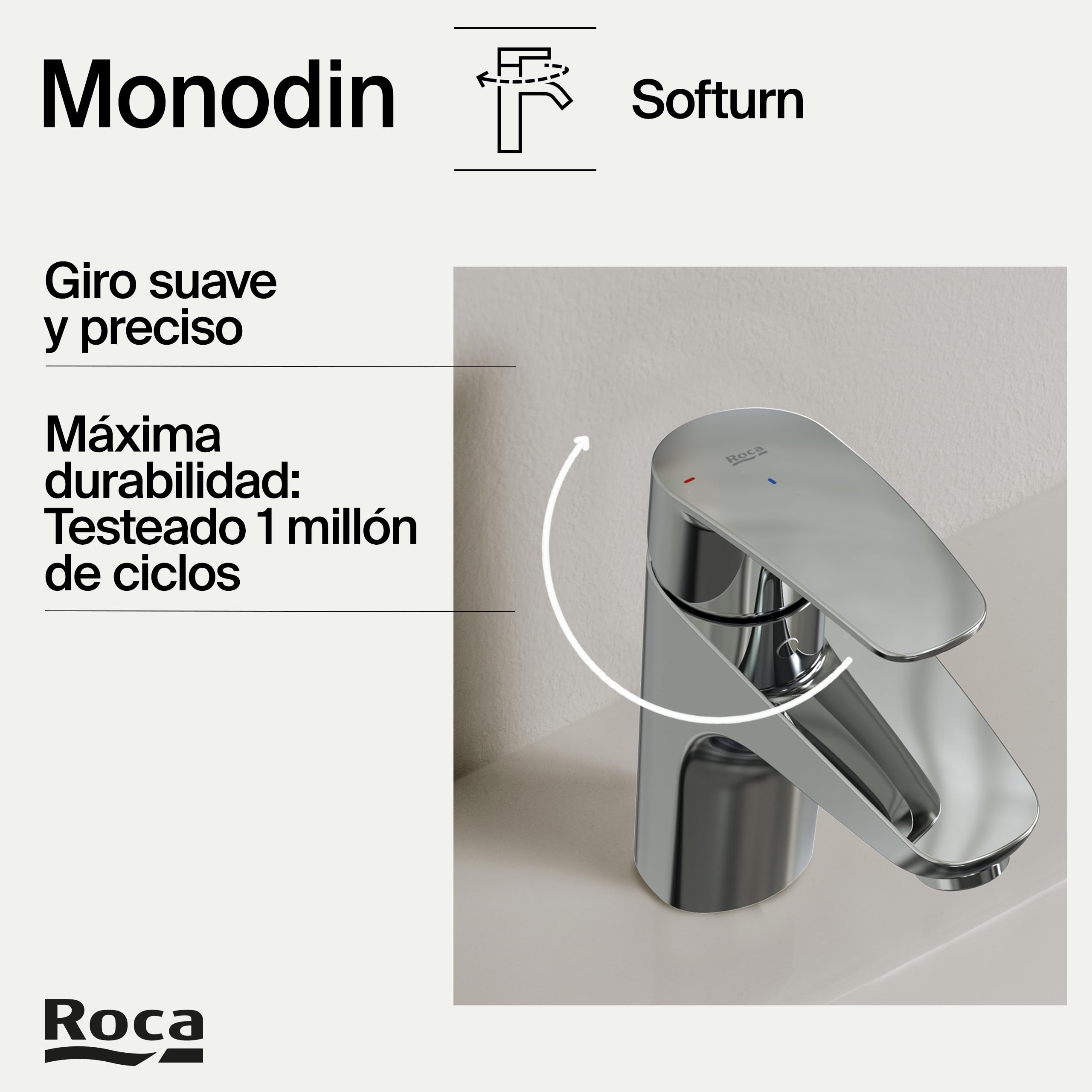 Roca Monodin Grifería para lavabo con tecnología Cold Start, grifo monomando de repisa con enlaces de alimentación flexibles, mezclador de cuarto de baño de fácil instalación, cromado, A5A3298C00