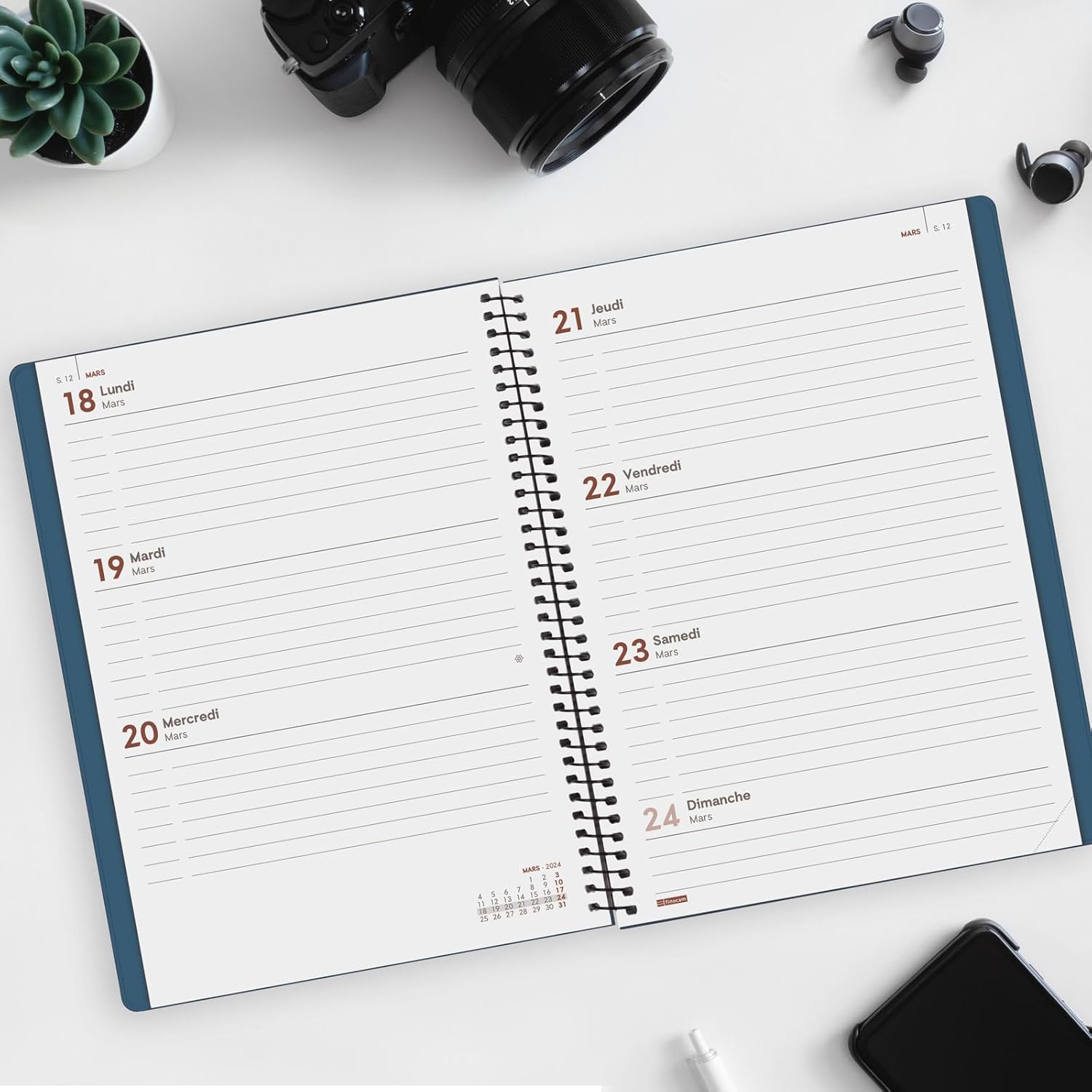 Finocam - Espiral My 2024 Horizontal Weekly Diary January 2024 - December 2024 (12 Months) Blue French