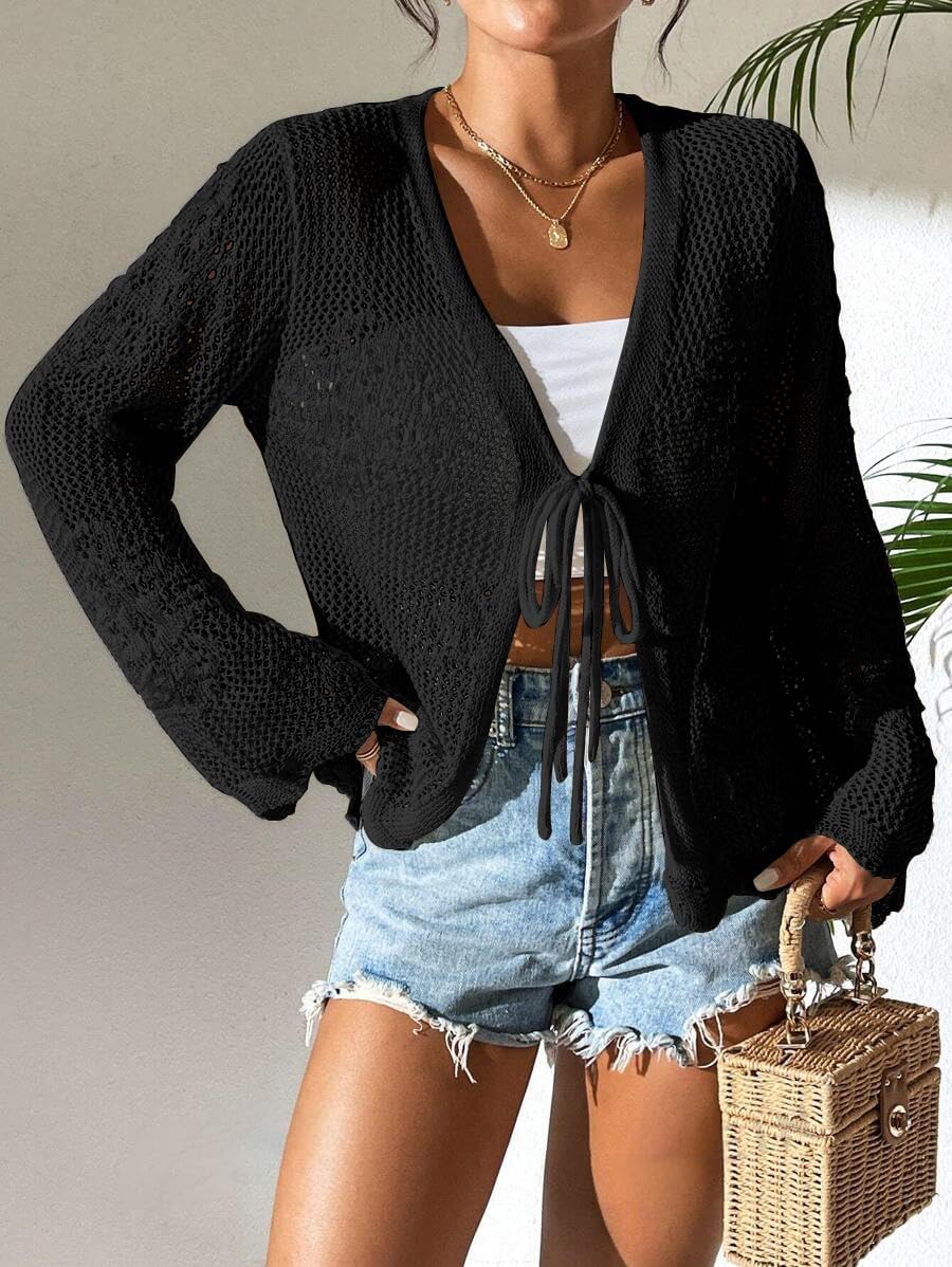 Womens Tie Front Lightweight Crochet Cardigan Shrugs Knit Cardigan Crop Tops Cover Up - Image 3