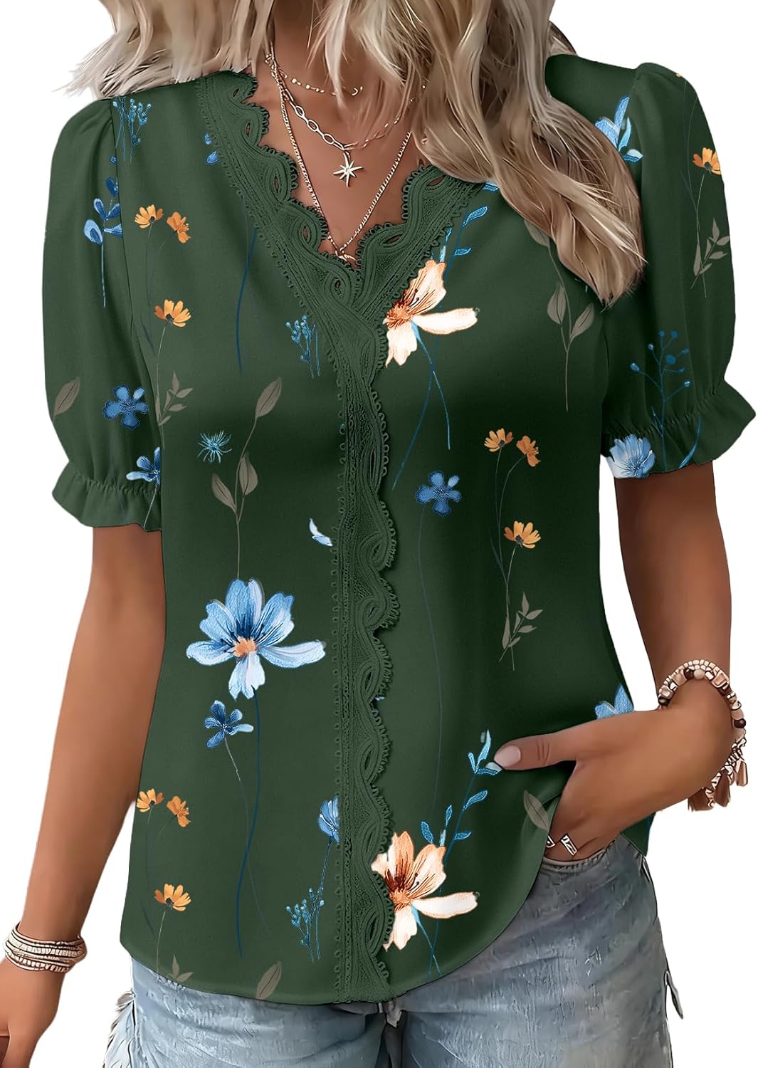 SHEWIN Womens Blouses Dressy Casual Lace V Neck Floral Tops Pulllover Short Sleeve Shirts Cute Summer Tops for Women 2026