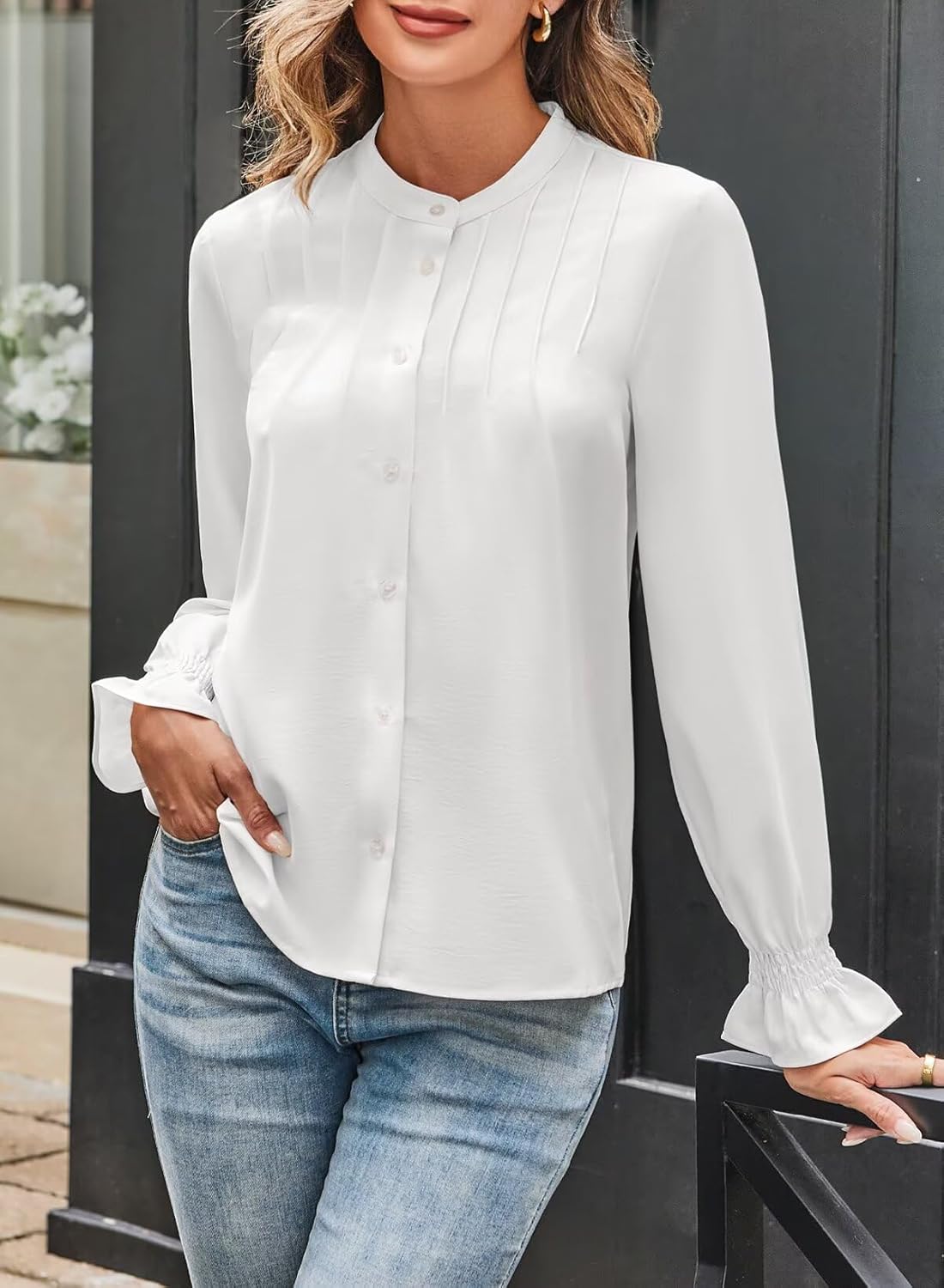 Astylish Women's Casual Blouses Button-Down Business Work Tops Long Sleeve Mandarin Neck Pleated Shirts 2025 Fall Outfits - Image 2