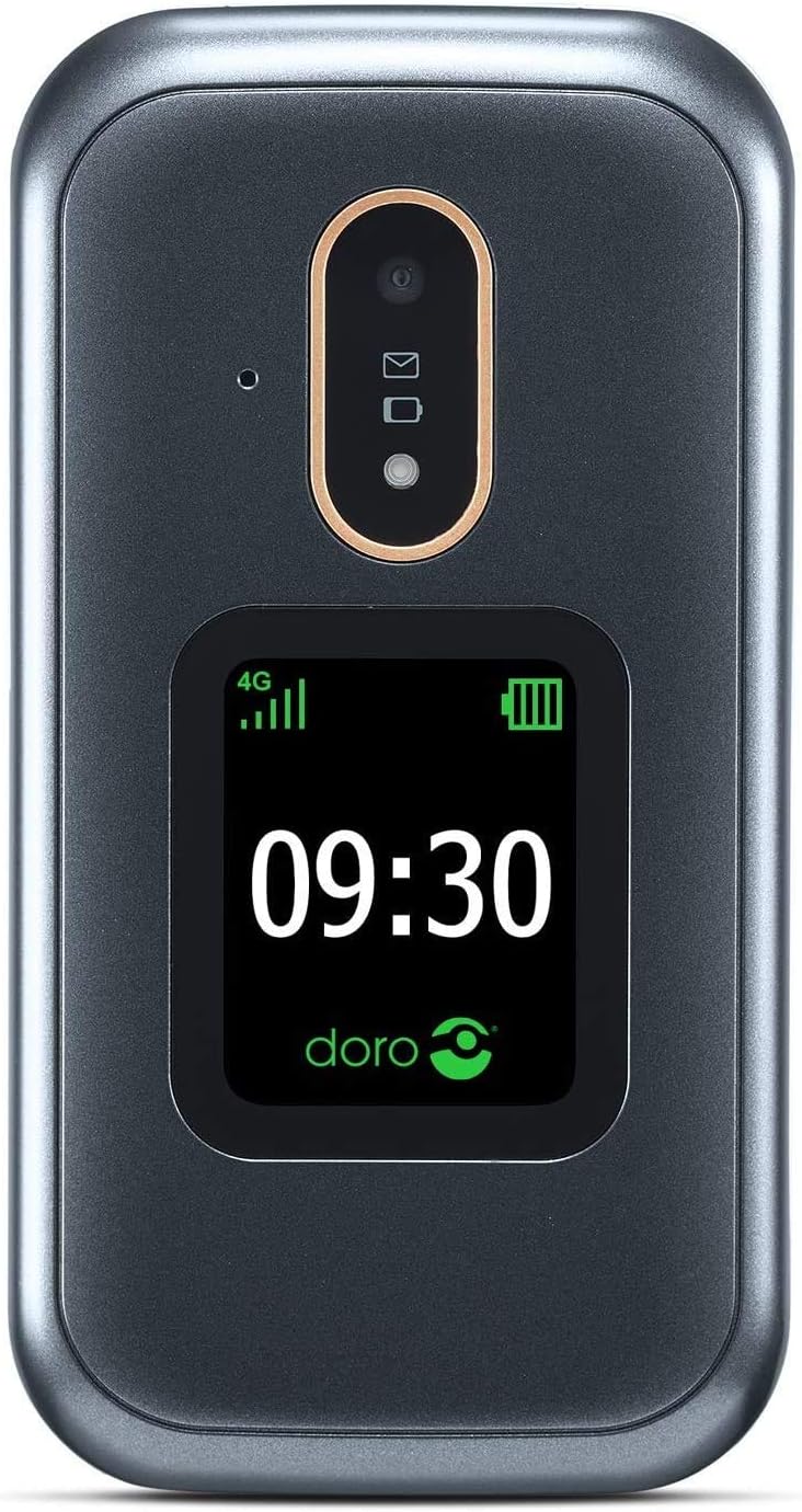 Doro 7080 flip phone closed, showing the external display with time and signal indicators.