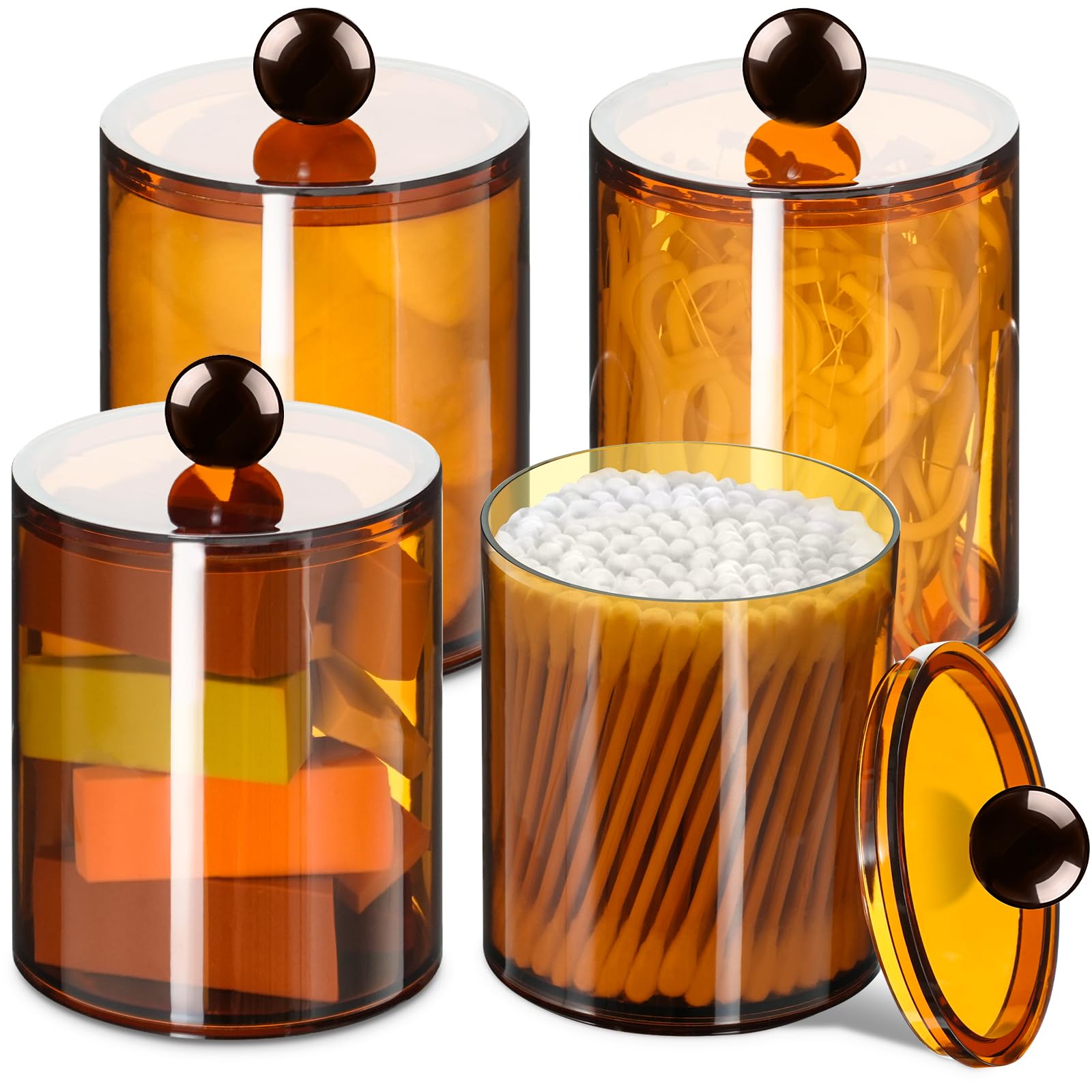 4 Pcs Acrylic Qtip Holder, Cotton Ball Holder Jars with Lids, Brown