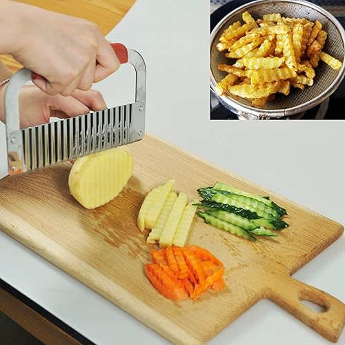 Miniatura 4 de Paquete de 2 cortadores de arrugas para verduras, cuchillo de acero inoxidable ondulado para picar patatas fritas con mango de madera, herramienta
