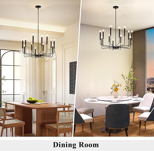 Miniatura 3 de Qamra Candelabro negro moderno de granja para comedor, lámpara de araña de 12 luces, candelabro colgante industrial rústico para sala de estar,