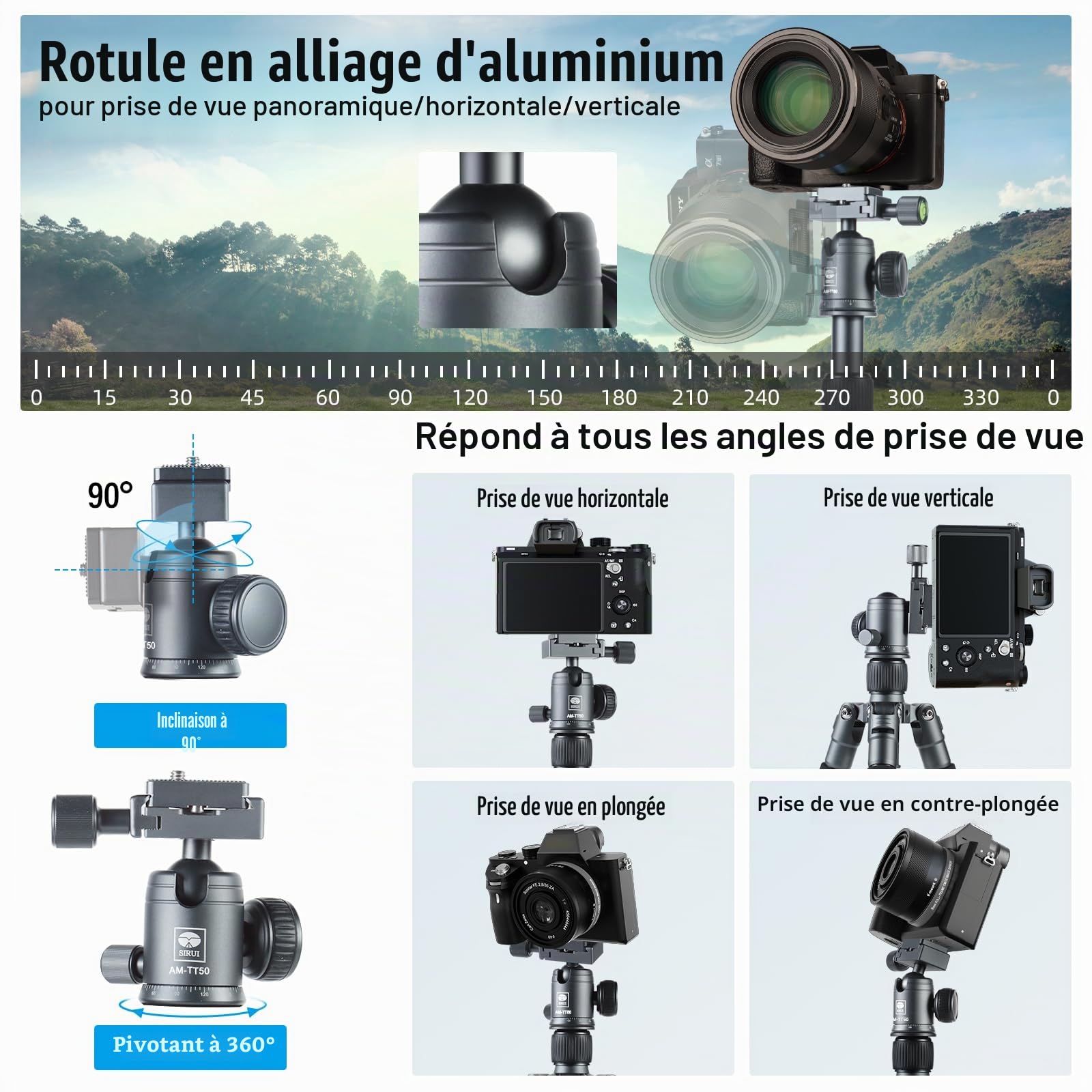 SIRUI Mini Trépied Appareil Photo de Bureau en Aluminium avec Rotule 360°, 52cm Trépied de Bureau Compact pour Caméscope Vidéo Appareil Photo Reflex Numérique, Charge Jusqu'à 10 kg, AM-TT50