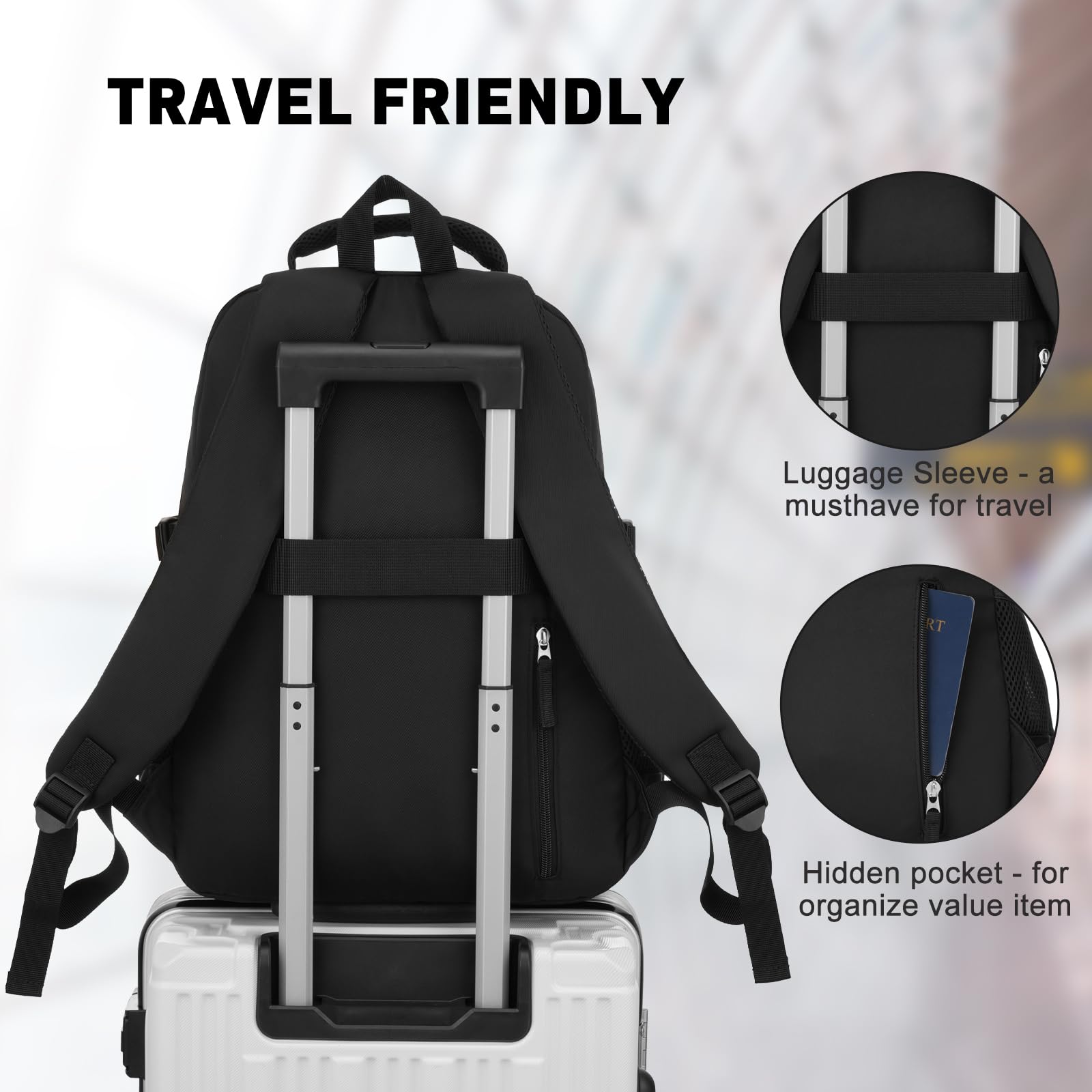 YAMTION Sac à dos noir pour homme et femme, sac à dos de voyage pour ordinateur portable de 15,6", sac d'école avec grande capacité, sac à dos décontracté pour adolescents, garçons et filles, collège