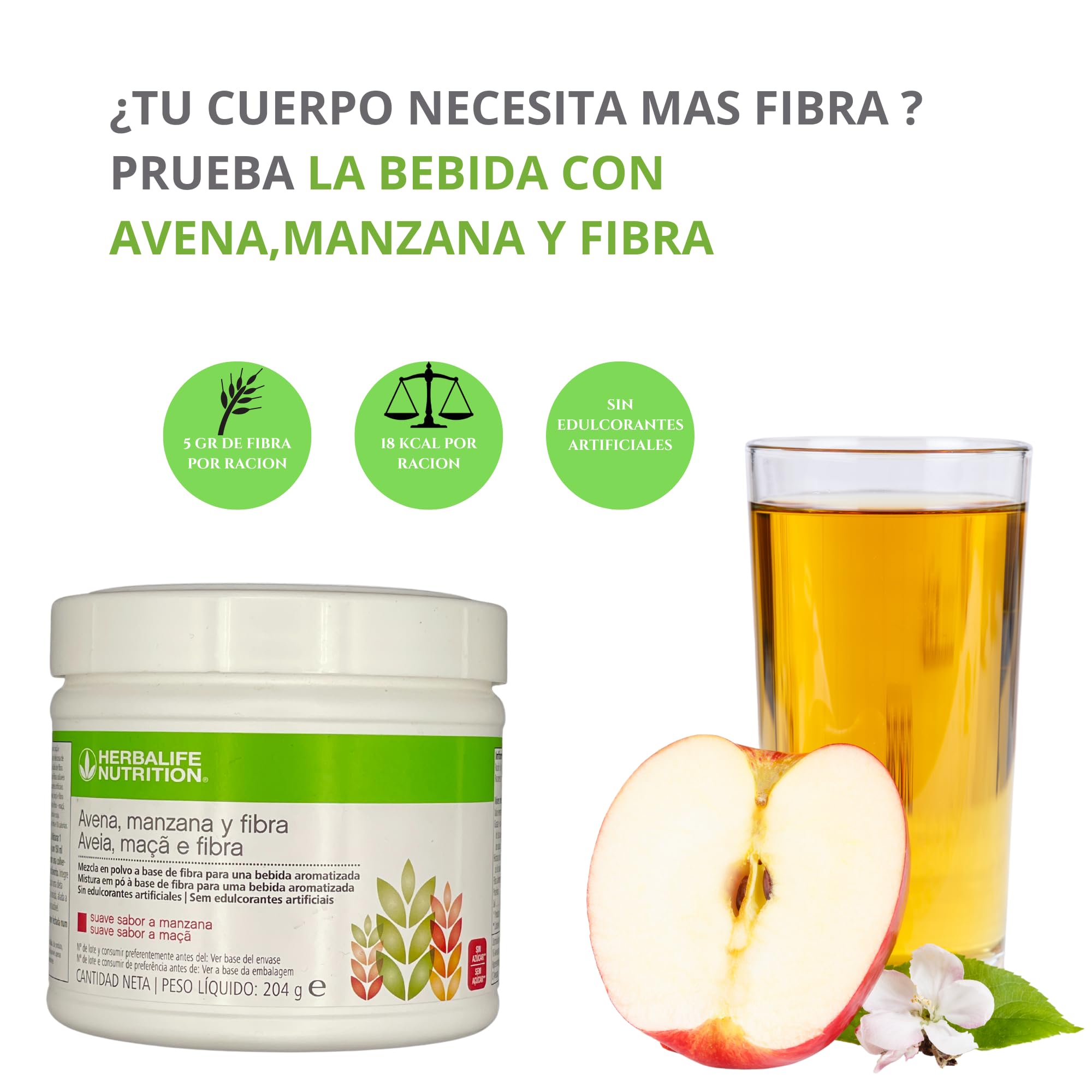 Fibra Soluble para la Salud Digestiva - Fibra Manzana, Avena - Bebida en Polvo con Suave Sabor a Manzana - Harina de Avena
