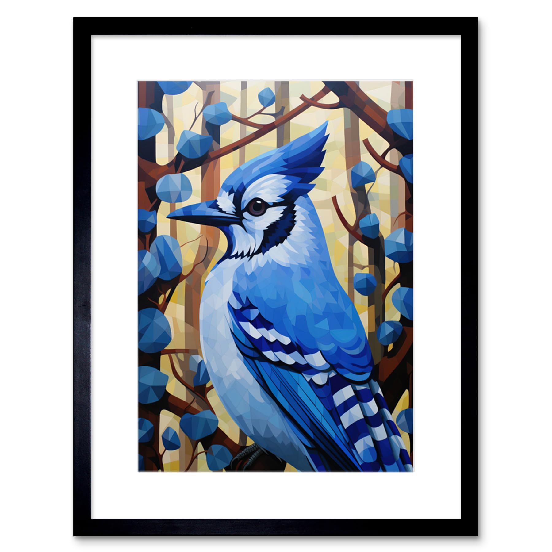 Artery8 Blue Jay Geometric Artwork Wild Bird Perched on Tree Polygonal Forest Landscape Artwork Framed Wall Art Print 9X7 Inch