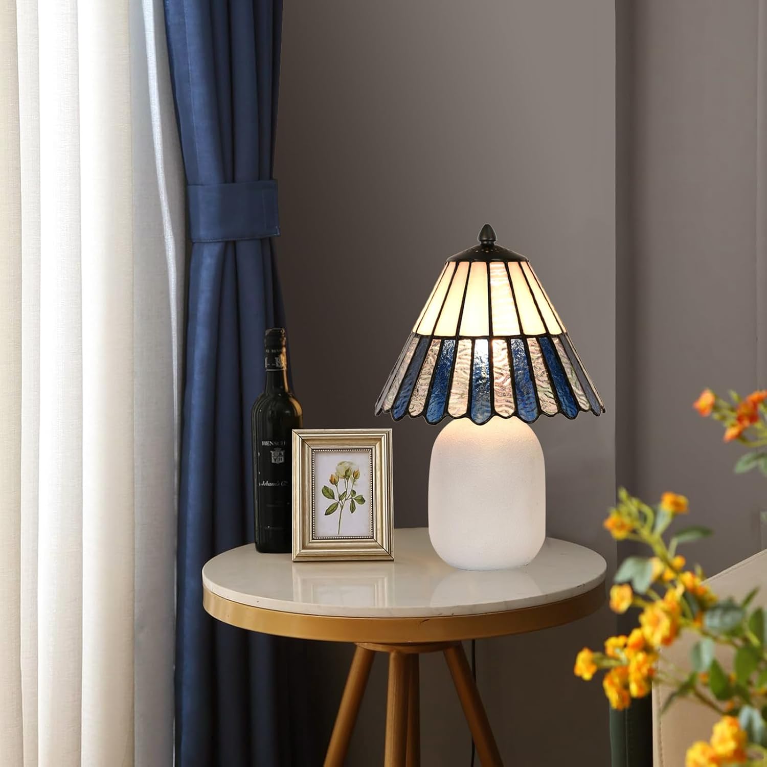 TL0018 Tiffany Style Blue White Table Lamp, Handmade Stained Glass Desk Light Bedside Nightstand Lamp, W8 X H11.8 Inch for Home Office, LED Bulb Included (Blue White)