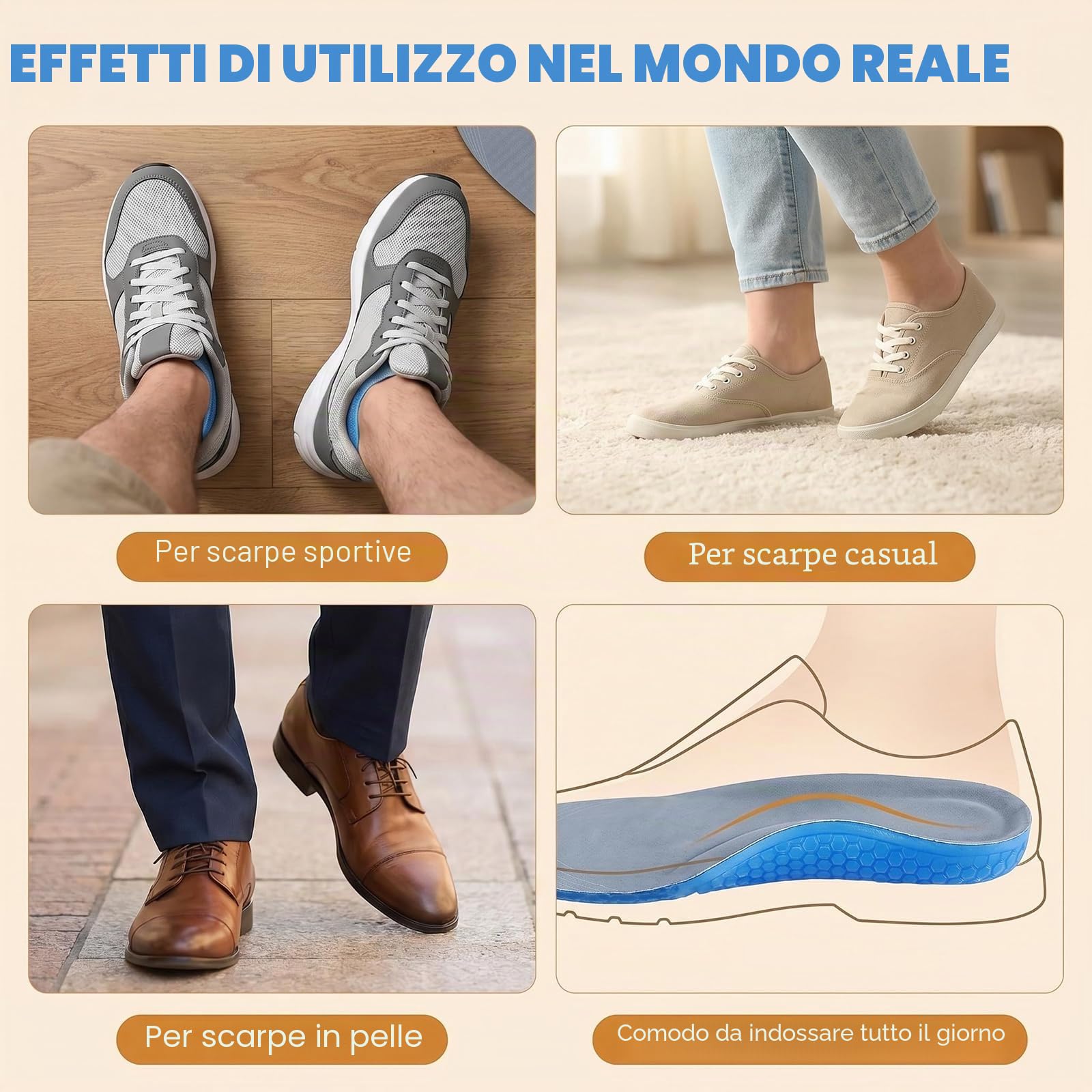 1 paio di solette sportive in gel di silicone blu, riutilizzabili, a nido d'ape, a tutta lunghezza, antiscivolo, comode, ammortizzanti, per scarpe da uomo e donna (grande)