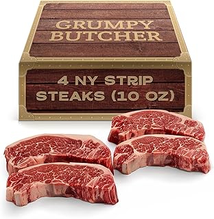 Grumpy Butcher New York Strip Steaks, 10 Ounce (Pack of 4) - Prime Steakhouse Quality Beef NY Strip Steak Meat - Meat Gift Packages Specials Avaialble