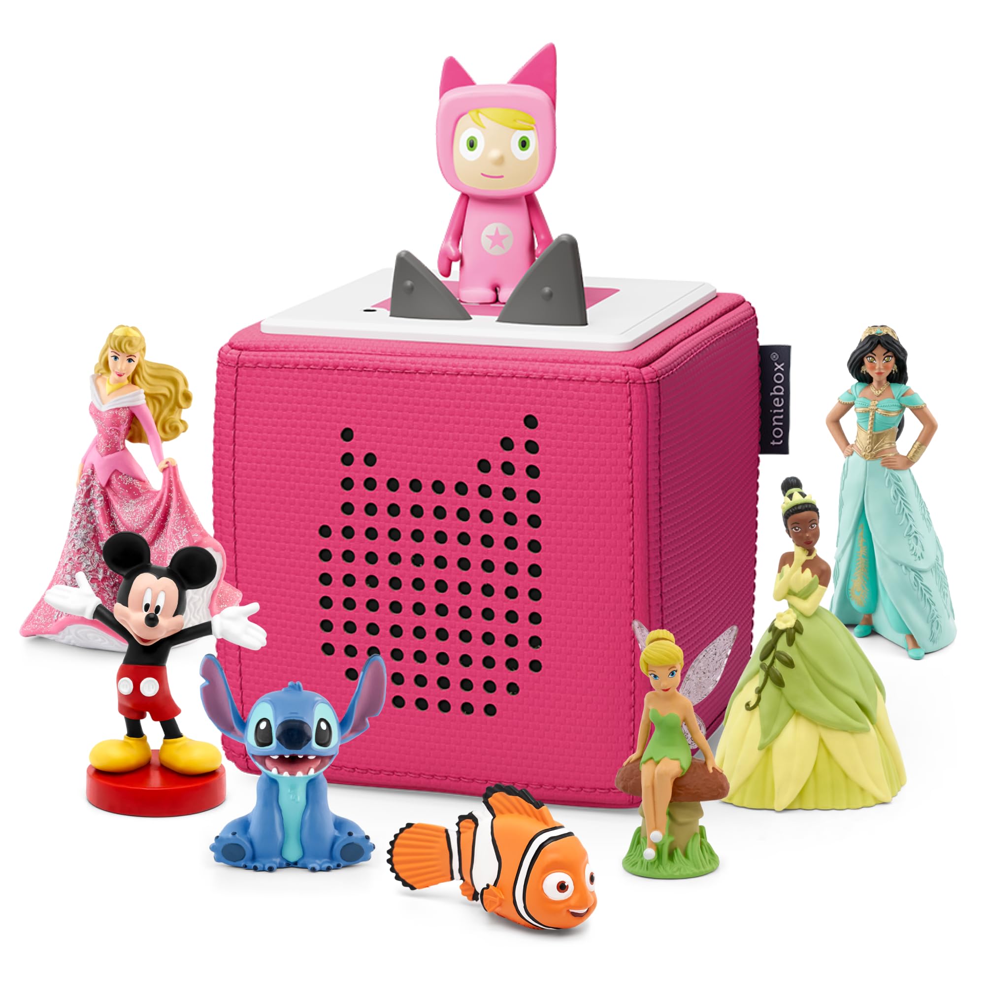 tonies Ultimate Disney Pink Toniebox Starter Set Bundle incl. with 7 Tonie Characters, Mickey Mouse, Tinker Bell, Princess and The Frog, Jasmine, Beauty and the Beast, Finding Nemo, Lilo & Stitch