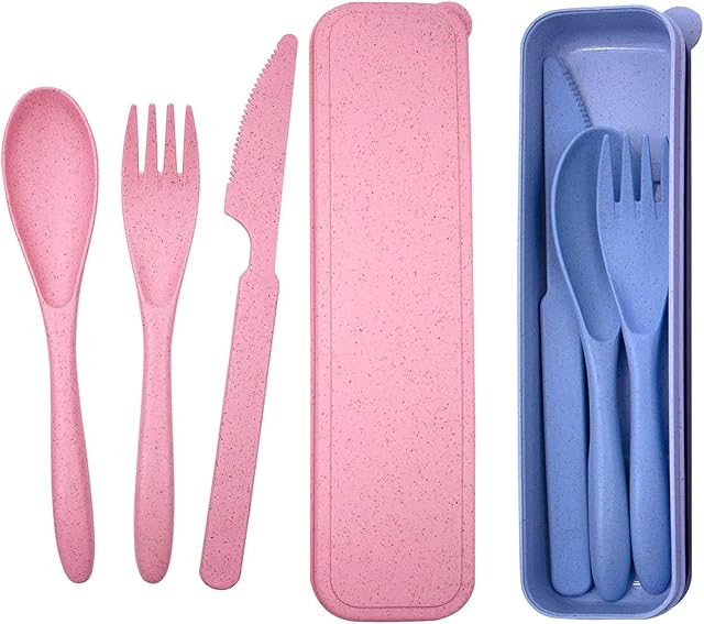 Camping Cutlery Set,2 Sets Travel Cutlery Set with Case,Plastic Cutlery Set,Reusable Portable Utensils Plastic Spoon Fork,Camping Cutlery Set for Picnic School Camping Outdoor Daily Use(Blue,Pink)