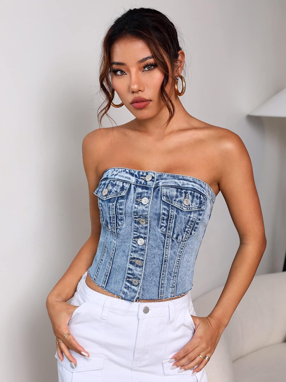 SweatyRocks Women's Button Up Strapless Denim Crop Top Y2k Jean Tube Tops - Image 3