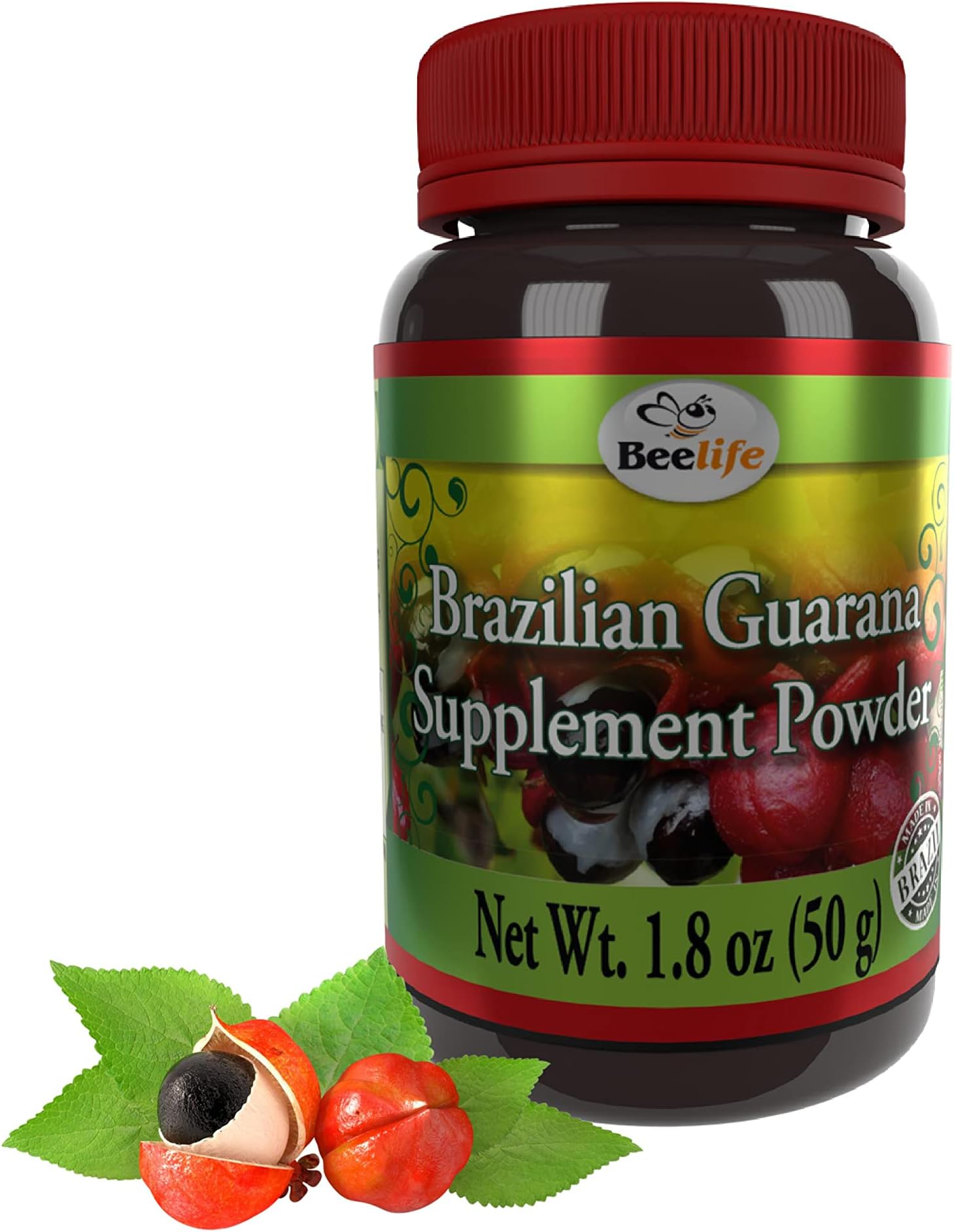 BeelifeBrazilian Guarana Powder - Natural Caffeine Supplements from Brazil - Energy & Mental Focus, Muscle Strength Support - Zero Gluten, No Sugar Vegan Pre Workout for Men & Women - 50g