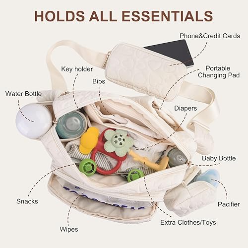 Miniatura 4 de Rexmore Riñonera para pañales con cambiador portátil, cintura cruzada ajustable para mujer, Blanco hueso, Bolsa de pañales pequeña de moda