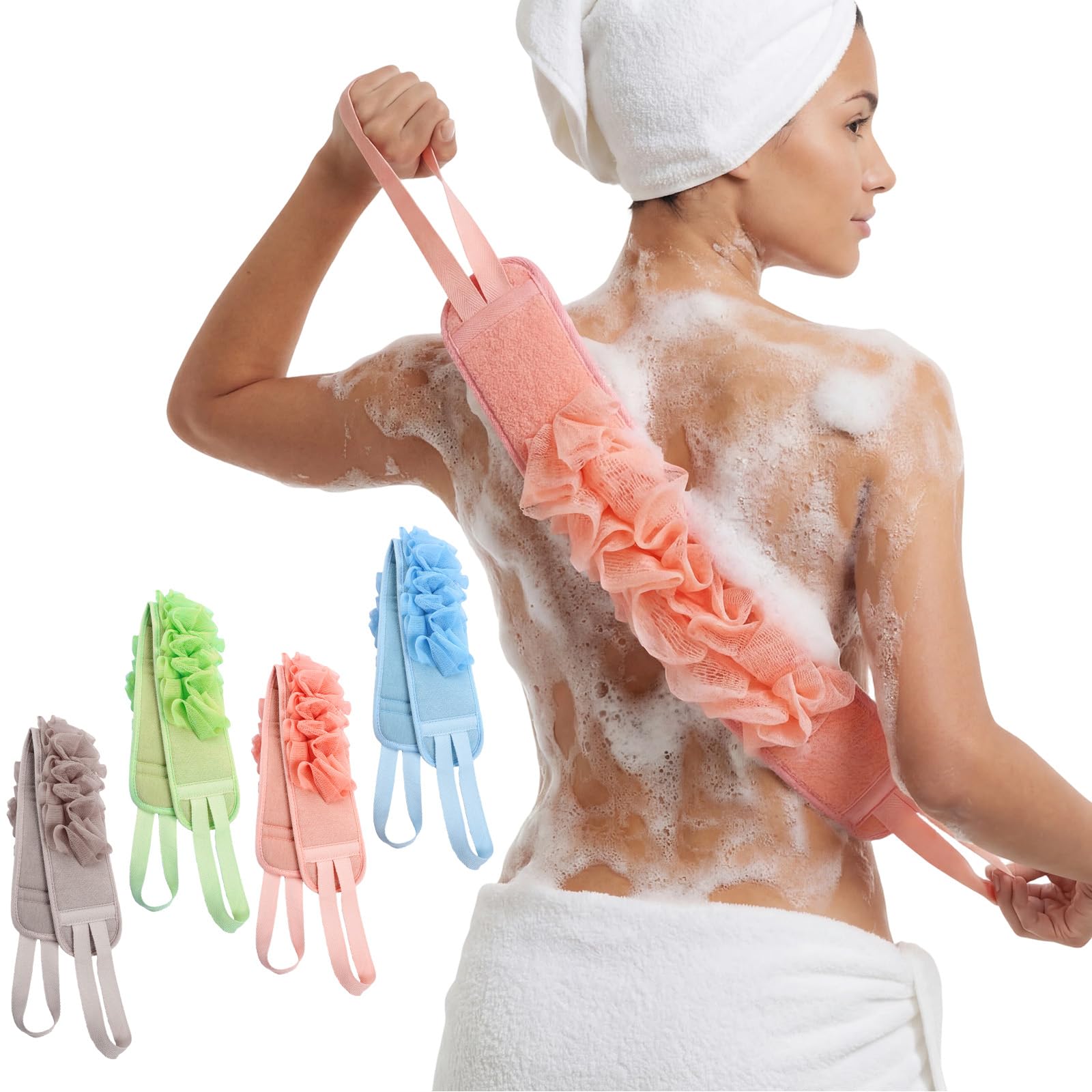 Acellegic 4 Pcs Exfoliating Back Scrubber for Shower Double Sided Exfoliating Washcloth with Strap Long Body Scrub Sponge Shower Loofah with Handle for Women Men Body Washing (Pastel Color)