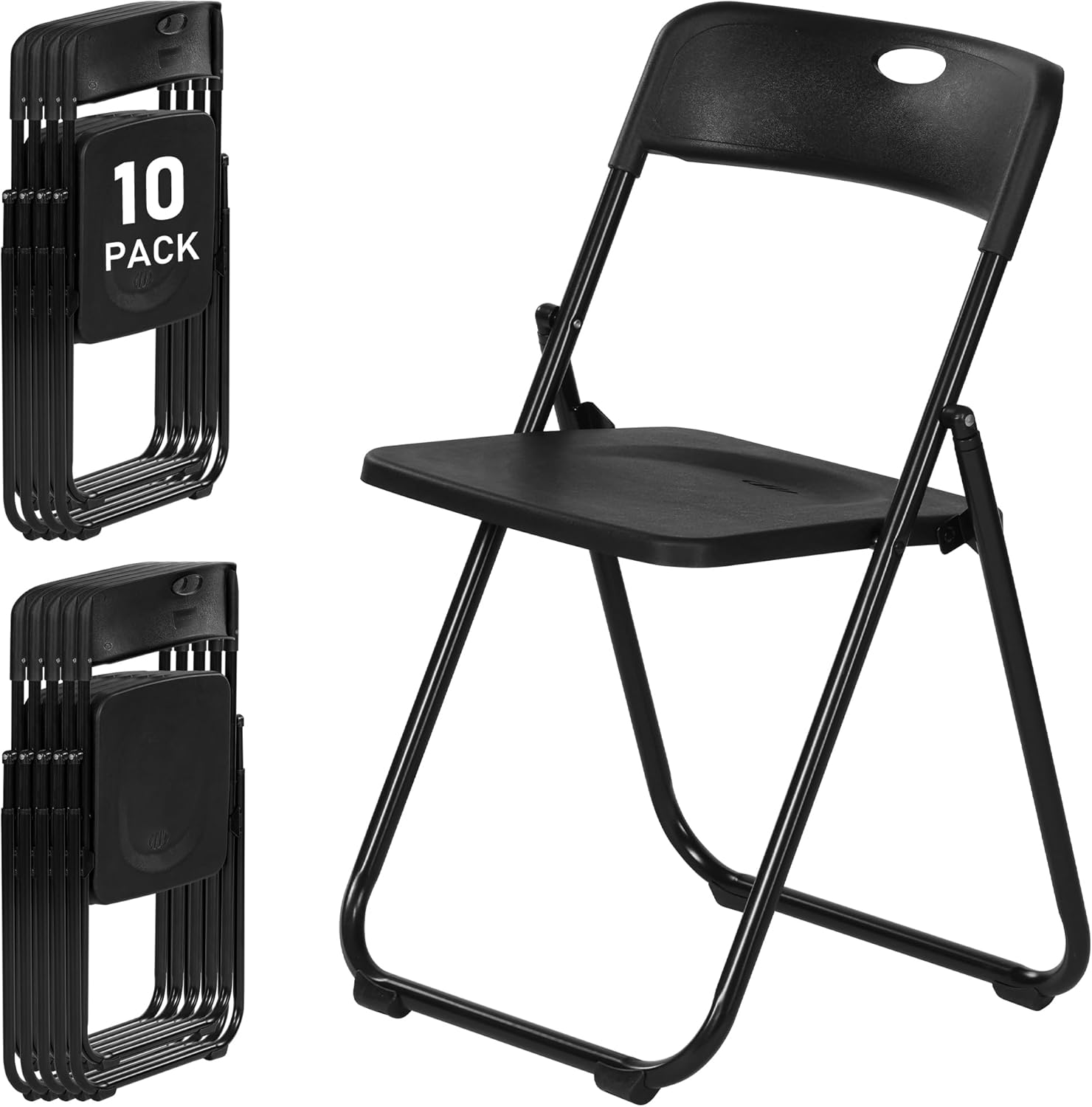 Paquete de 10 sillas plegables de plástico negro, silla plegable ligera con capacidad de 350 libras, marco de metal fácil de plegar y almacenar,