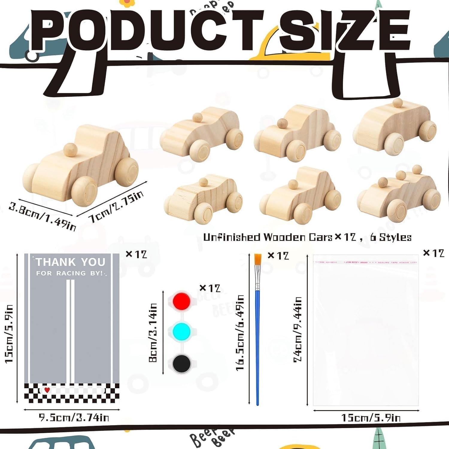 12 Sets Race Car Painting Party Favors Wooden Car Craft Set, Unfinished Wood Cars Shapes with Paint Supplies, Cards and Gift Bags, Bulk Event and Party Favor Supplies - Image 2