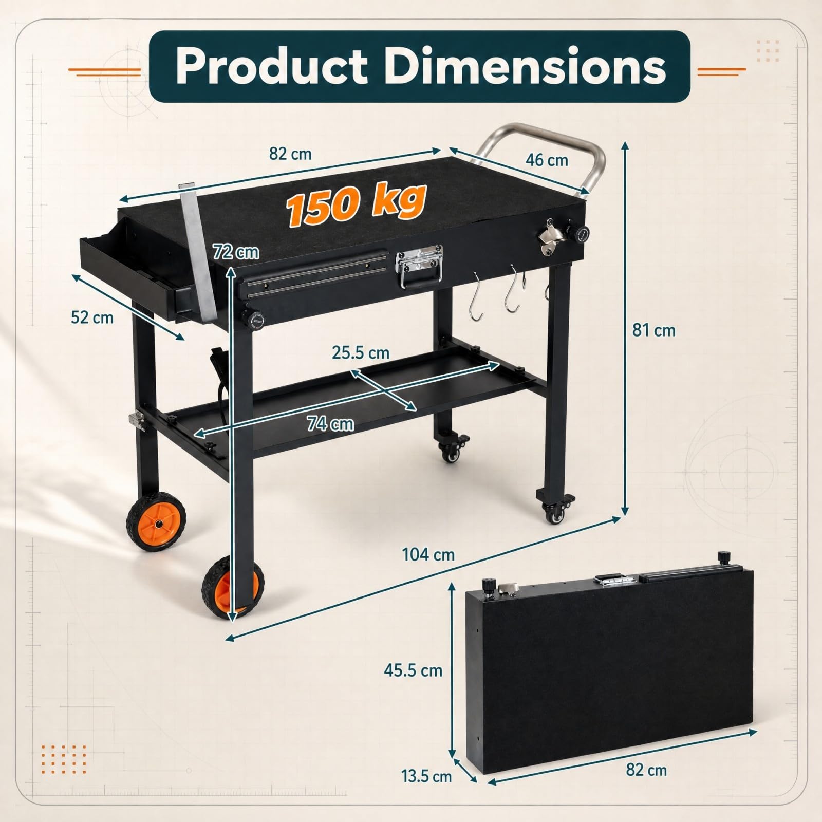 KOMFOTTEU Carrello Barbecue da Esterno Pieghevole con Ruote | Carrello per Grigliate con Ripiano Aperto, 7 Ganci e Tovaglietta Resistente al Calore, per BBQ, Picnic e Feste