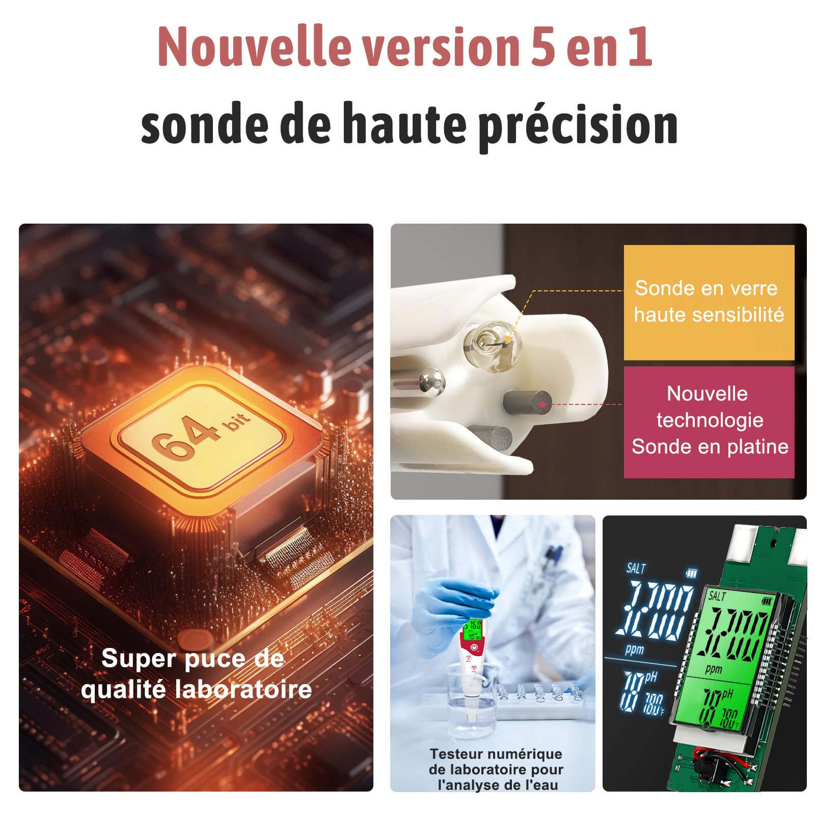 Mètre de pH pour piscine, testeur de sel, 5 en 1 mètre de salinité, affiche simultanément pH, TDS, EC, temp,sel, convient pour l'eau salée, bain à remous, spa, piscine, aquarium