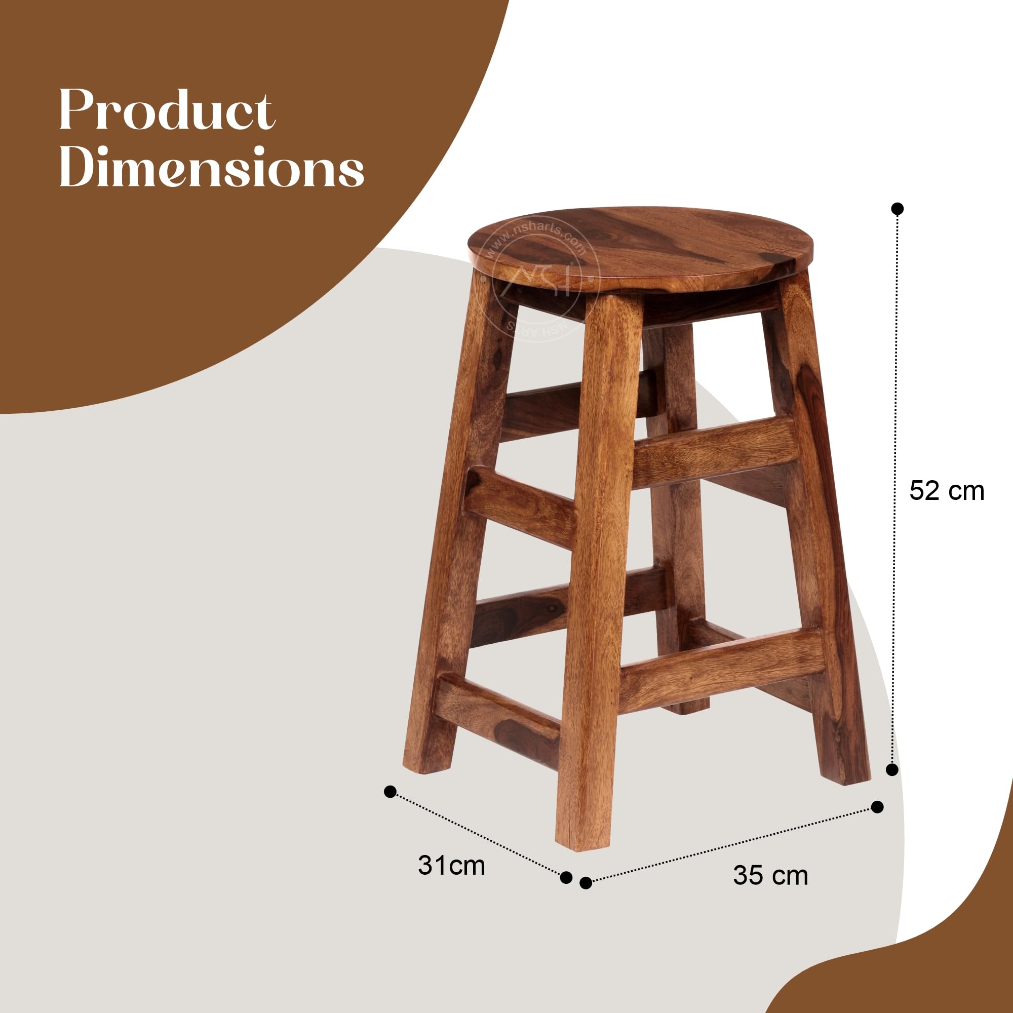NSH Solid Sheesham Wood Round Top Liva Multipurpose Stool | Pre-Assembled, Ideal Stool for Home, Kitchen, Living Room, Bars and Any Outdoor & Indoor Use | Teak Finish, 1 Wooden Stool 2