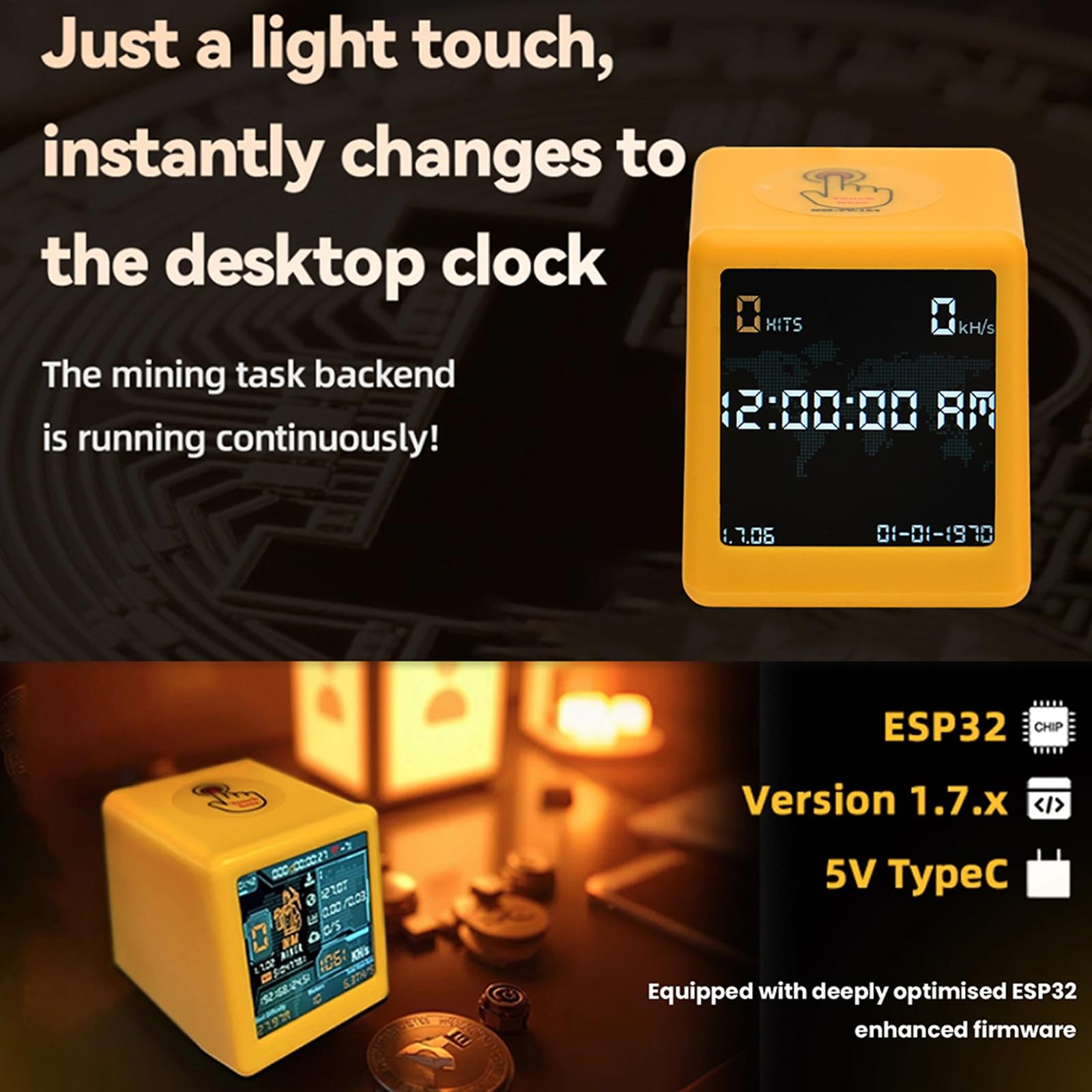 diymore ESP32 con schermo da 1,54", 1060KH/s Solo Lottery Miner per il calcolo dell'hash rate