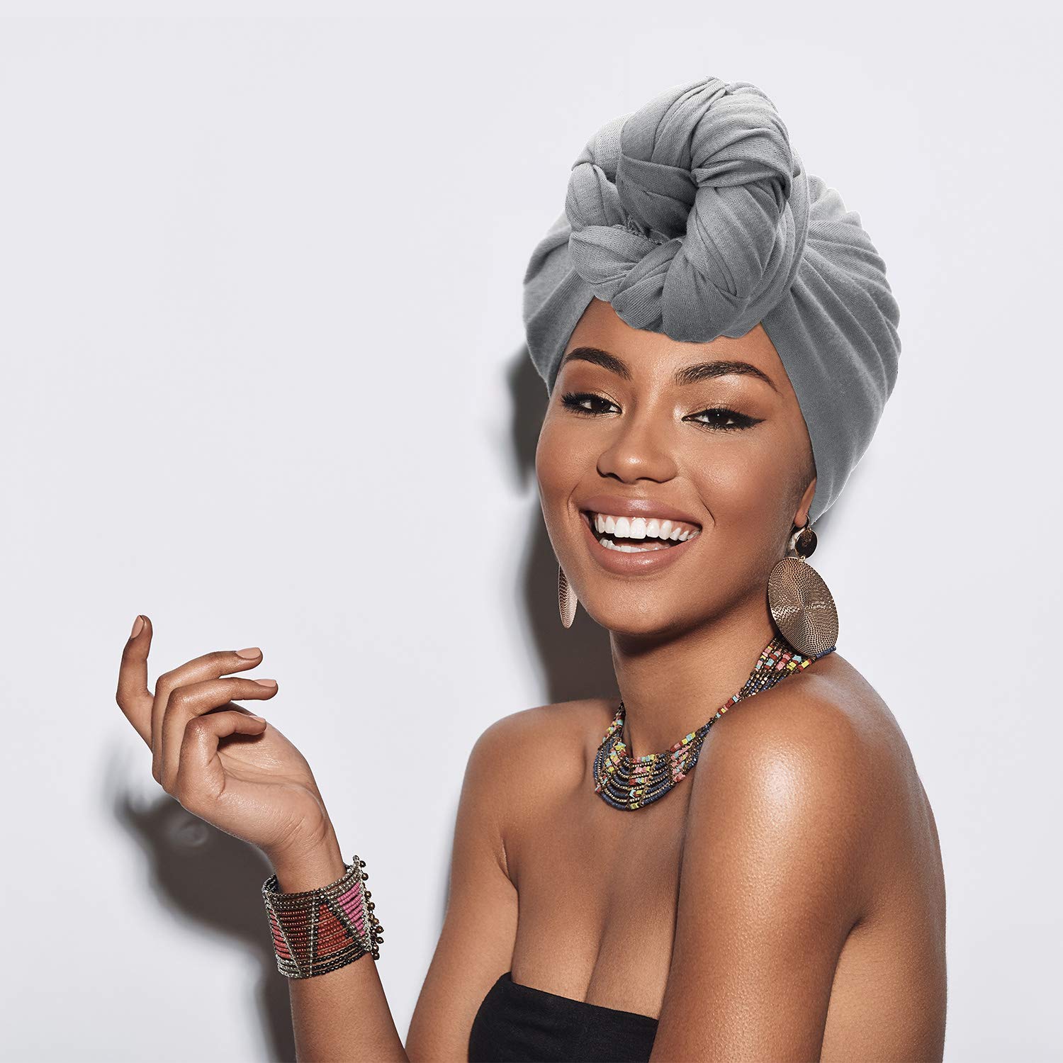 SATINIOR 2 Pcs Stretch Head Wrap African Women's Jersey Turban Stretch Head Scarf Soft Long Headwraps for Black Women(Black, Grey) - Image 6