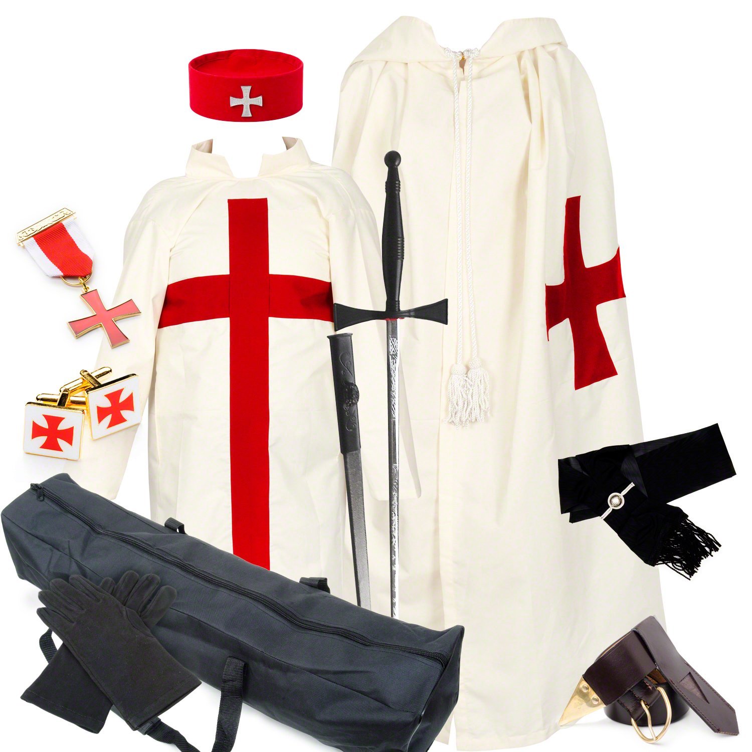 THE MASONIC COLLECTION - Masonic Knights Templar KT Full Regalia Pack - Mantle, Tunic, Gloves, Cap, Star Jewel, Breast Jewel, Sash, Sword, & Cufflinks - Freemason Gift For Men