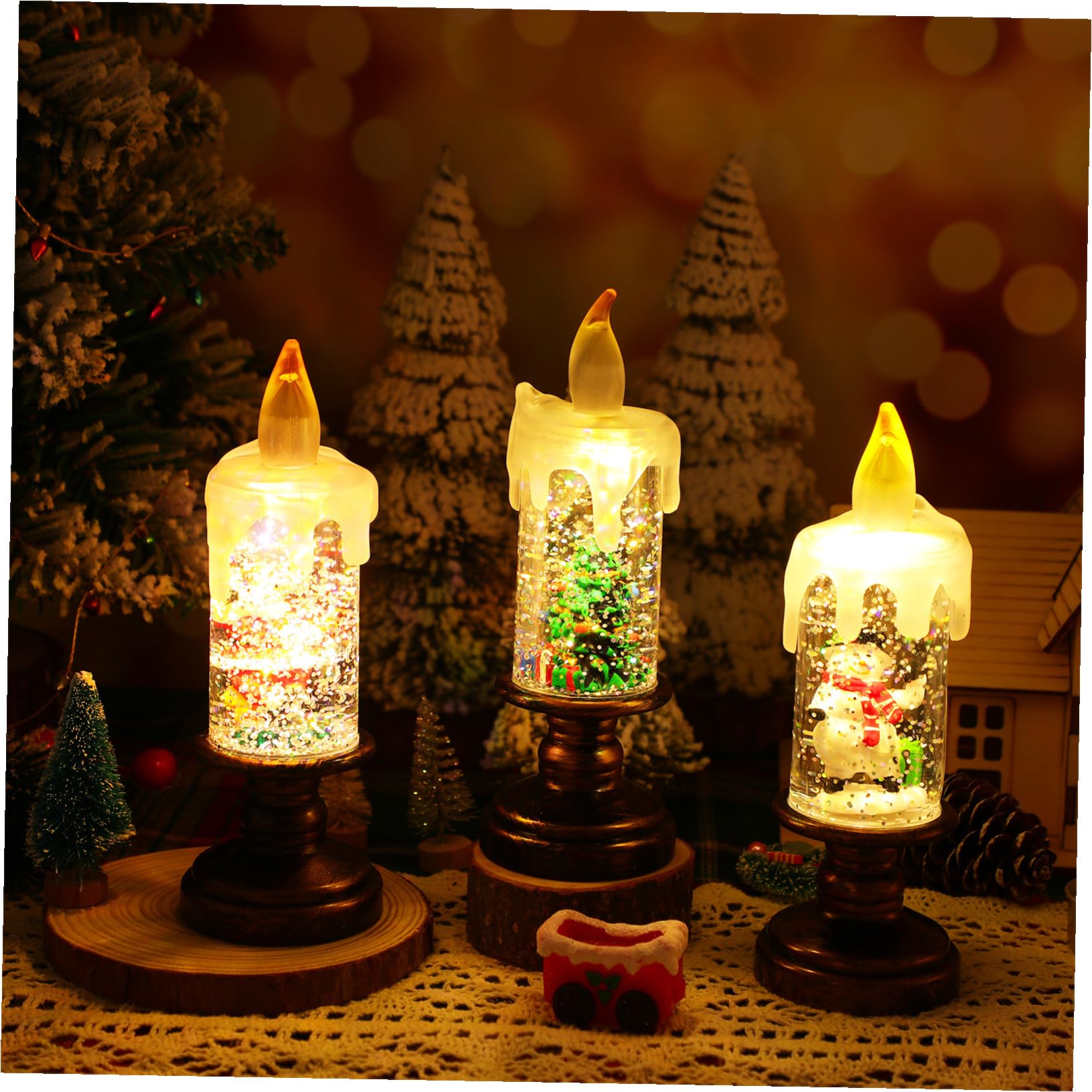 3 Pezzi Candele LED Natalizie Senza Fiamma con Palla di Neve Brillante Decorazione Versatile con Effetto Fiocco di Neve e Luce Notturna Realistica per Superfici e Camini