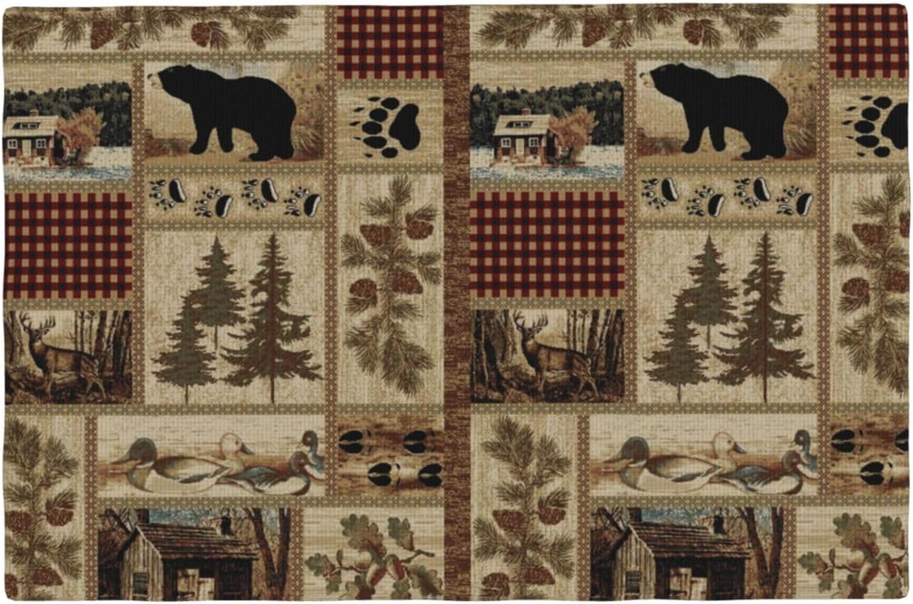 Rustic Country Bear Place Mats for Kitchen,Patchwork Cabin Wild Animals Hunting Dinner Mats Set of 6 for Home Kitchen Dining Table Decoration Party 12x18in