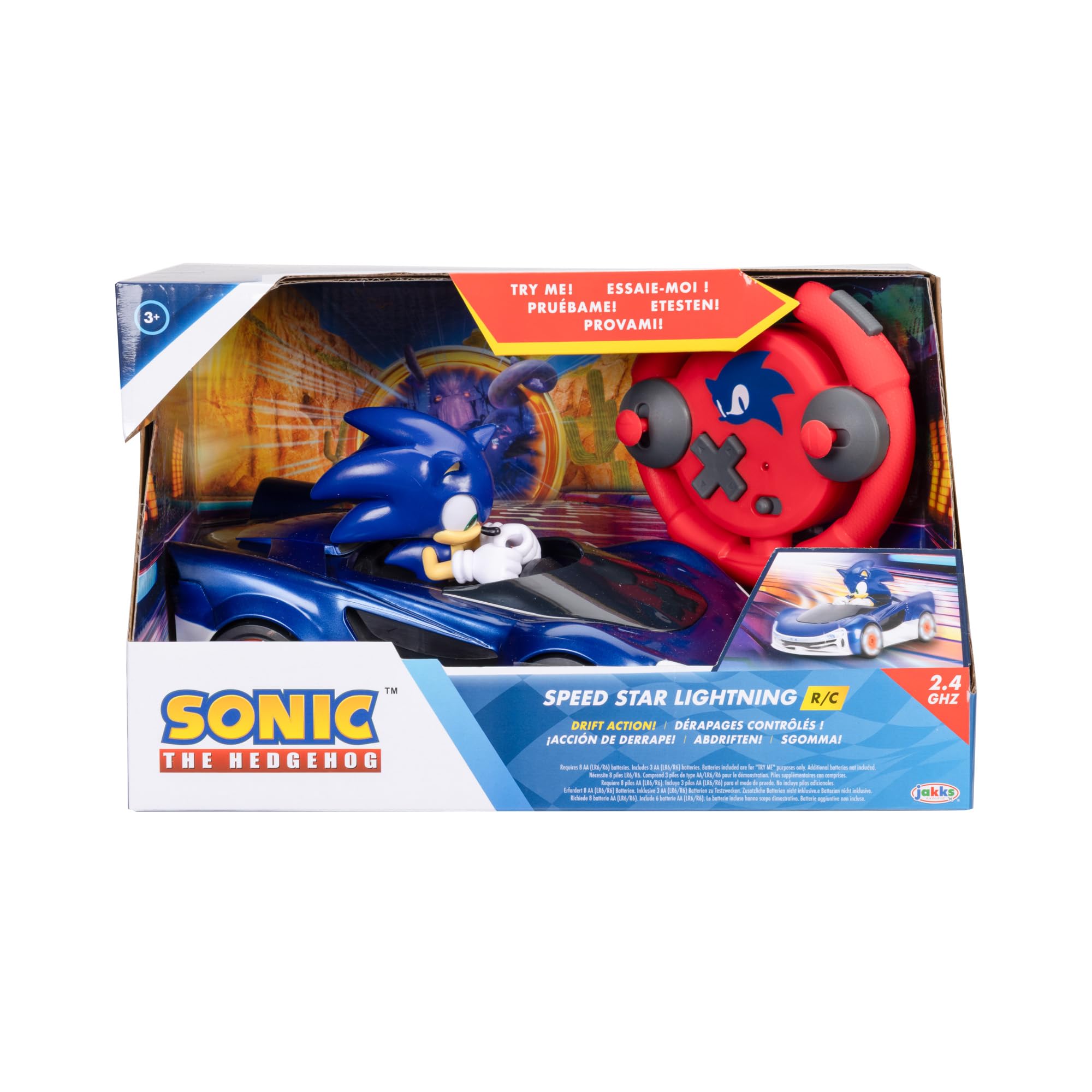 Sonic The Hedgehog, Coche Radio Control Derrapes de Jakks Pacific - Coches a Distancia con Ruedas Luminosas, Juego Interactivo con Mando a Distancia Rojo con Pilas Incluido