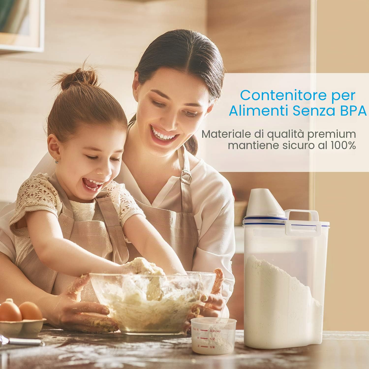Contenitore per alimenti da 2 l, piccolo contenitore portatile per riso con misurino, in plastica senza BPA, con beccuccio per versare, per fagioli, farina, cibo per animali domestici