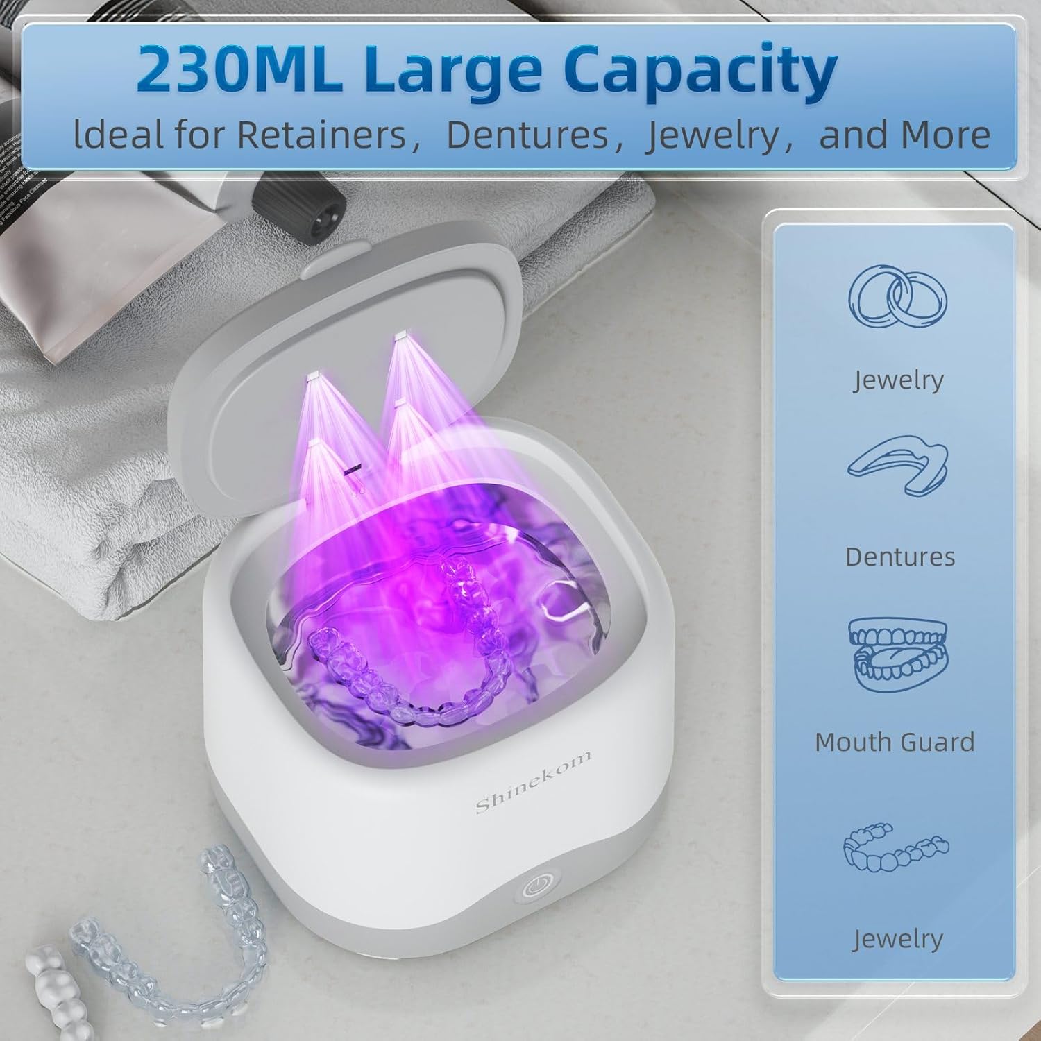 Ultrasonic Retainer Cleaner Machine 45KHz, 230ML Dentures Cleaner Machine with Tablets for Mouth Guards, Aligners, Braces & Jewelry - Image 4