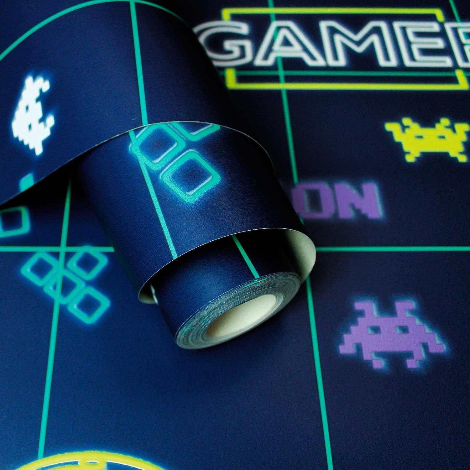 Gamer Retro Gaming Icons Phrases Vivid Vibrant Yellow Neon Colors Boys’ Bedroom Gaming Room Wallpaper Navy Blue/Neon Yellow Holden 13310