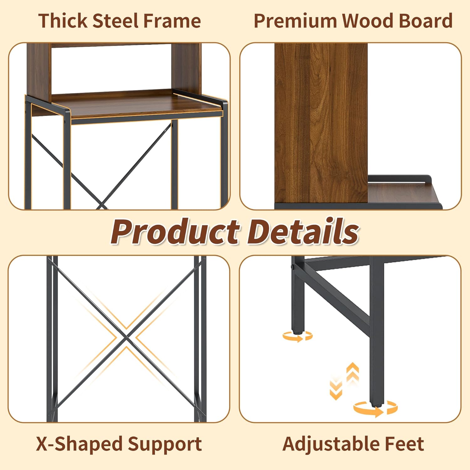 Mini Fridge Stand with Sliding Doors Storage, Microwave Stand and Baker’s Rack with 6 Hooks, 4-Tier Mini Fridge Cabinet for Dorm, Home, Office, Kitchen, Walnut Wood