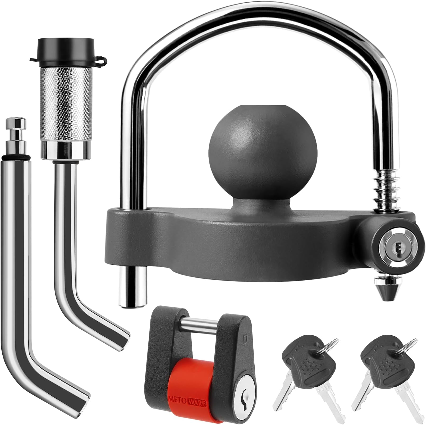 Keyed Alike Trailer Receiver Lock& Coupler Lock Kit, 1/2" and 5/8" Dia Dual Bent Pin Hitch Lock, 1/4” Dia 3/4” Inch Span Coupler Lock, Universal Tow Ball Lock Fits 1-7/8",2' 2-5/16" Coupler