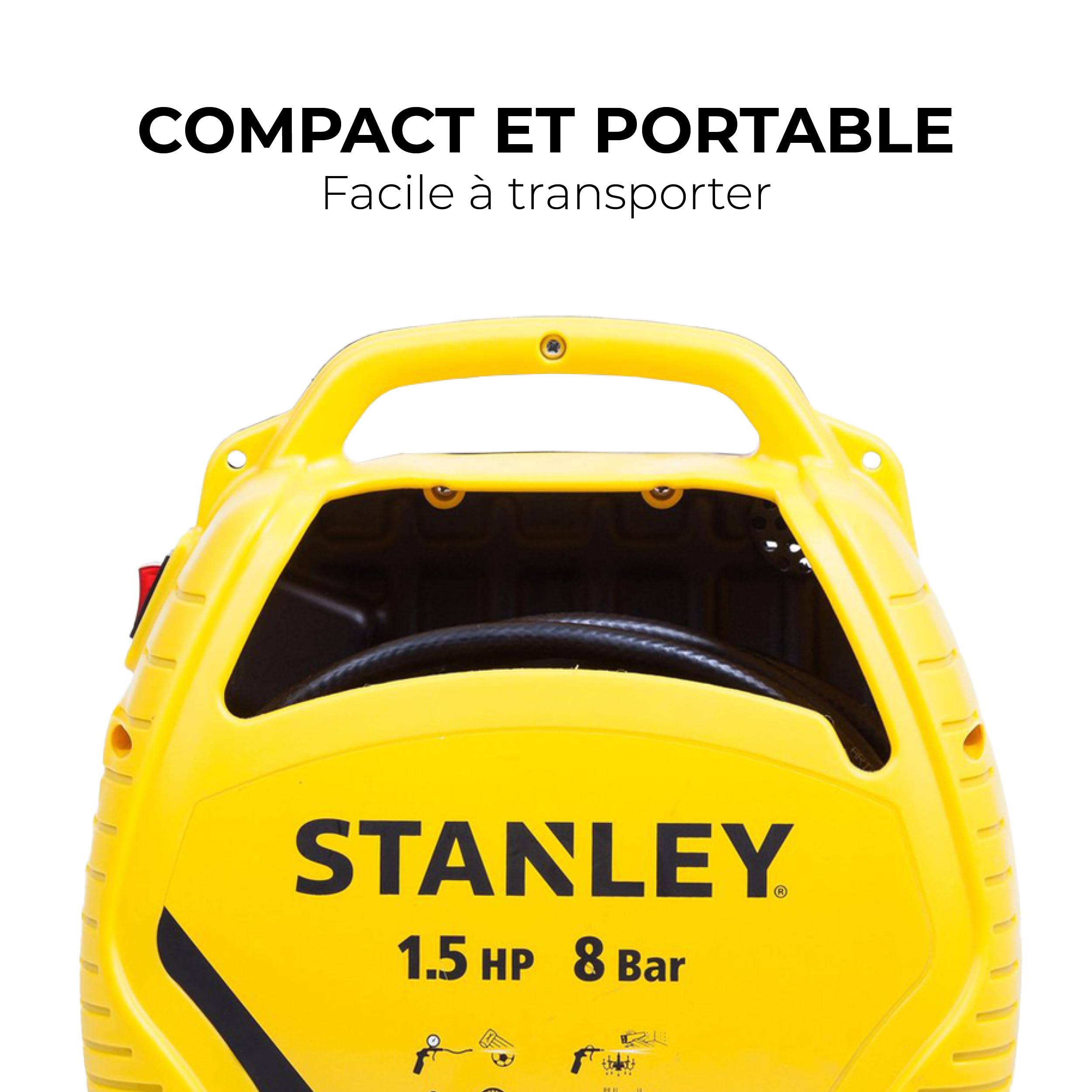 Stanley Compresseur à Air 8 Bar avec Outils Pneumatiques - Incl. Tuyau d'Air 3M, Pistolet à Air avec Manomètre et 3 Buses - Jaune