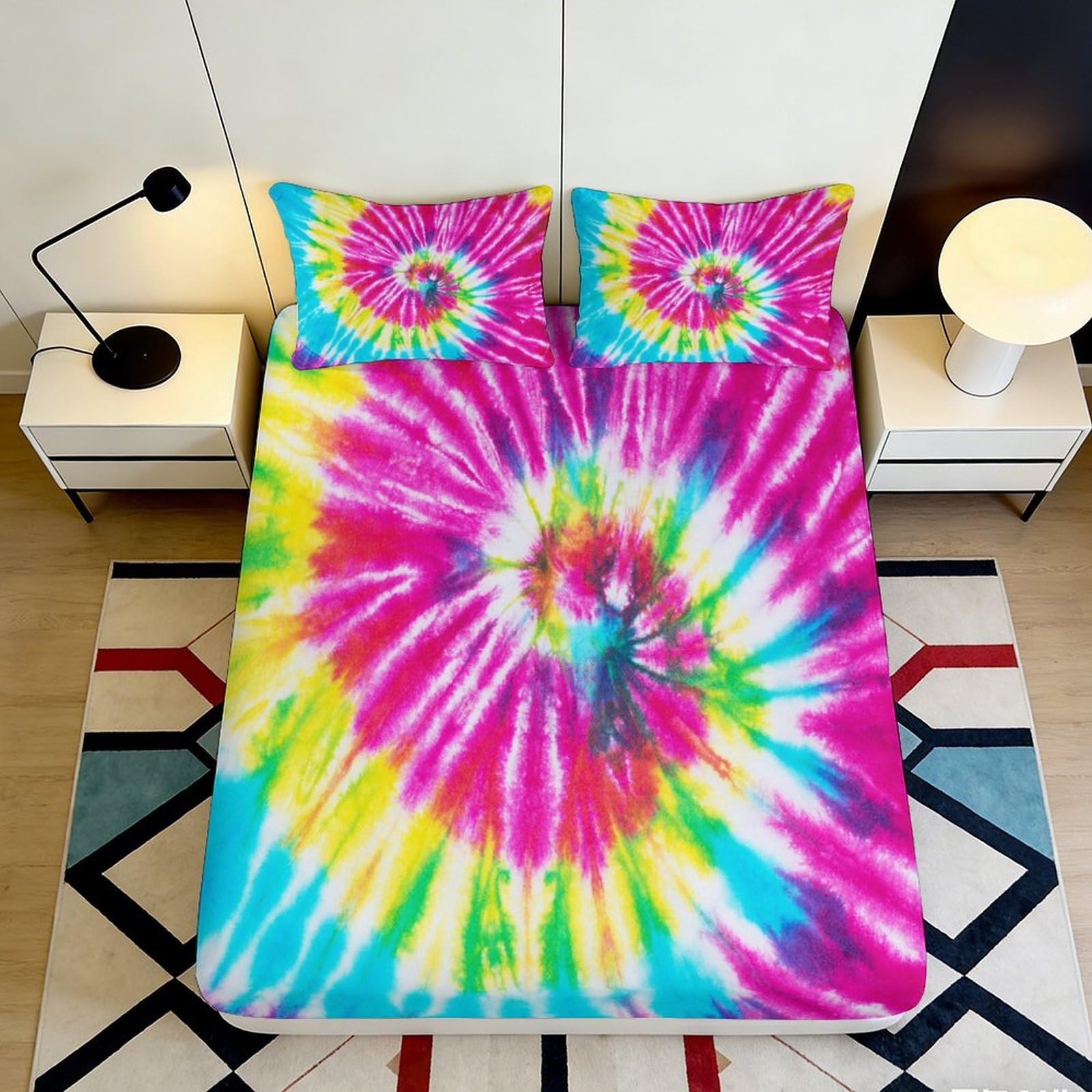 3D Printed Tie Dye Spiral Fitted Sheet Microfiber Vibrant Rainbow Swirl Mattress Cover Non-Slip Machine Washable for Bedroom Dorm 120x200x25cm