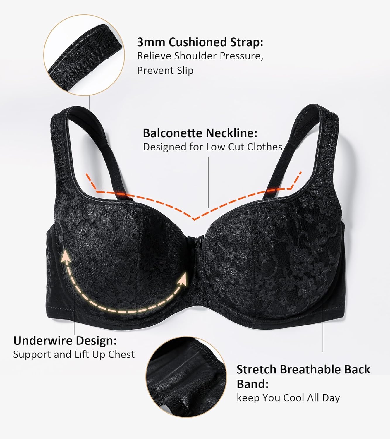 HACI Balconette Bra for Women Sexy Scoop Neck Low Cut Everyday Push Up Demi Half Cup Lightly Padded Shelf Underwire - Image 2